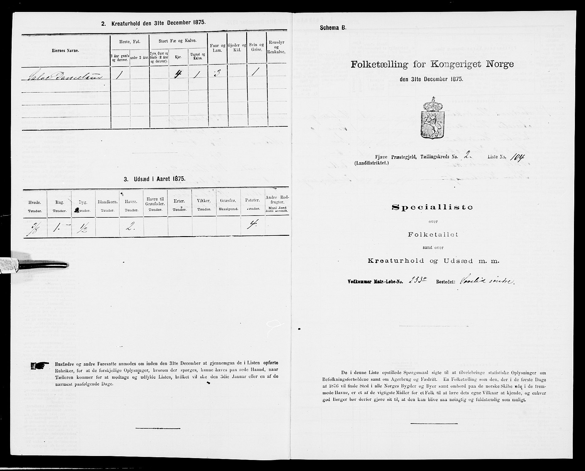 SAK, 1875 census for 0923L Fjære/Fjære, 1875, p. 735