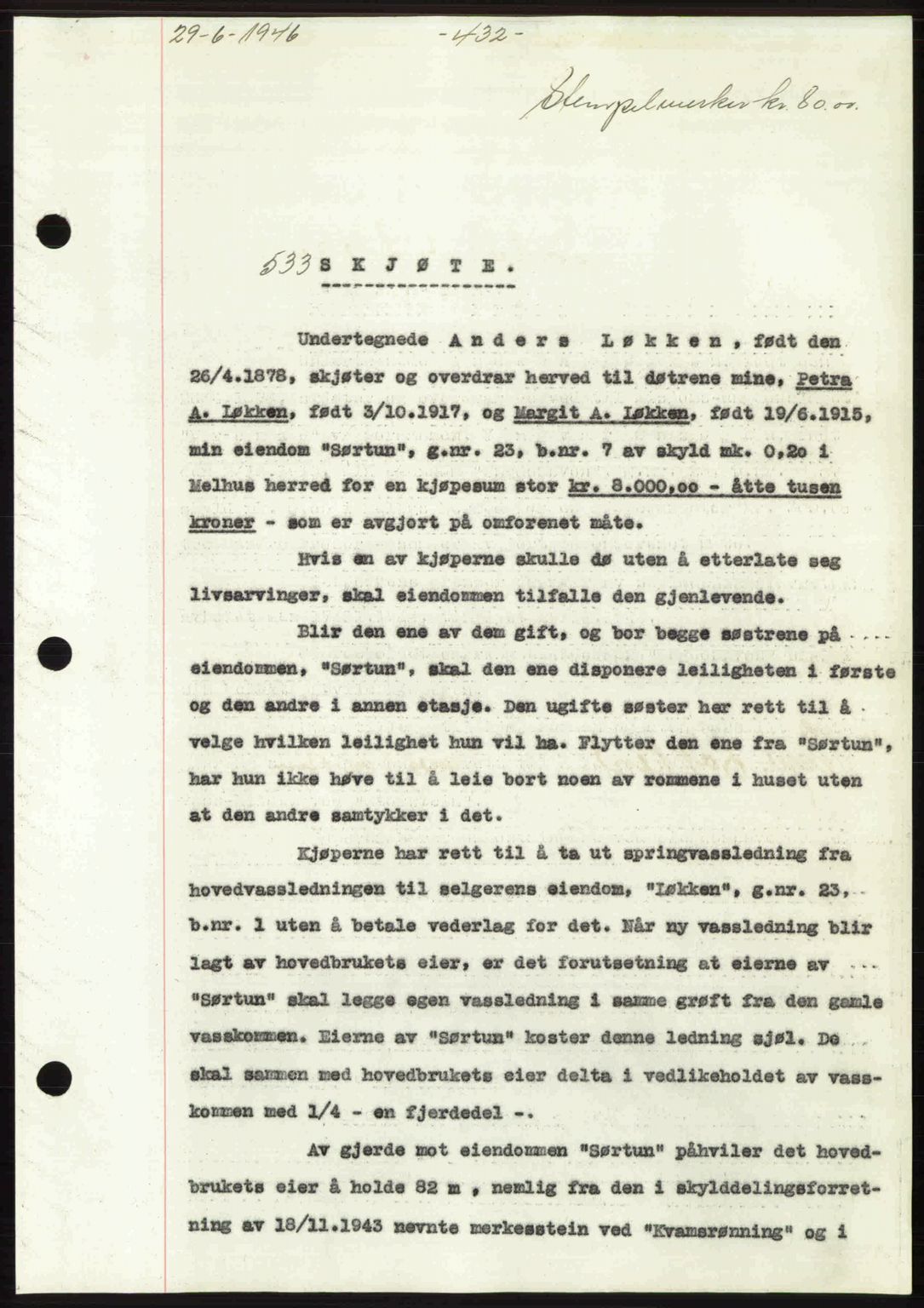 Gauldal sorenskriveri, SAT/A-0014/1/2/2C: Mortgage book no. A2, 1946-1946, Diary no: : 533/1946