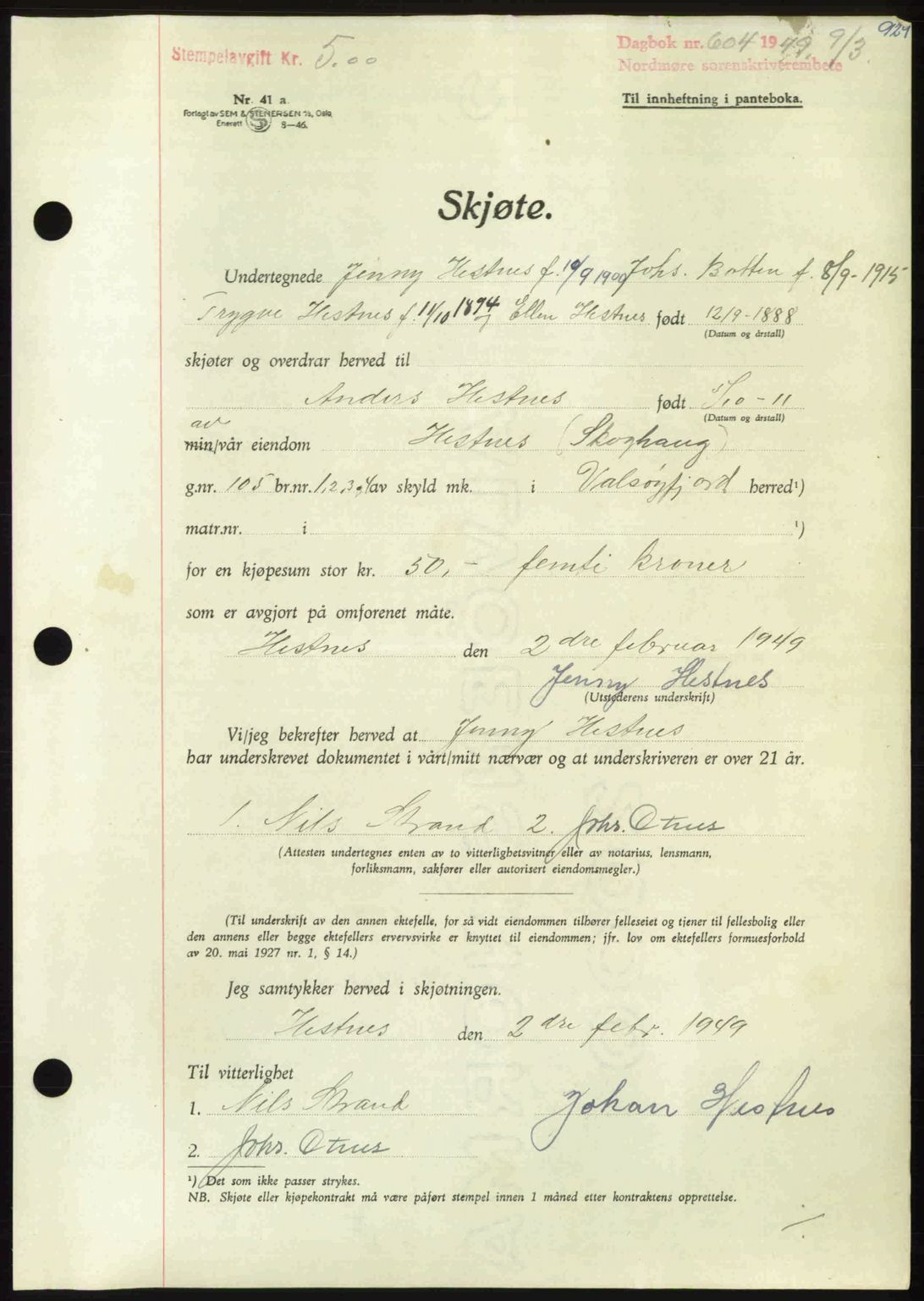 Nordmøre sorenskriveri, AV/SAT-A-4132/1/2/2Ca: Mortgage book no. A110, 1948-1949, Diary no: : 604/1949