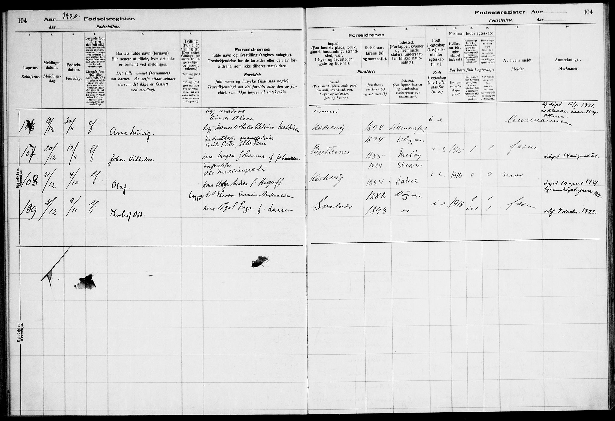 Ministerialprotokoller, klokkerbøker og fødselsregistre - Nordland, AV/SAT-A-1459/874/L1089: Birth register no. 874.II.4.1, 1916-1926, p. 104