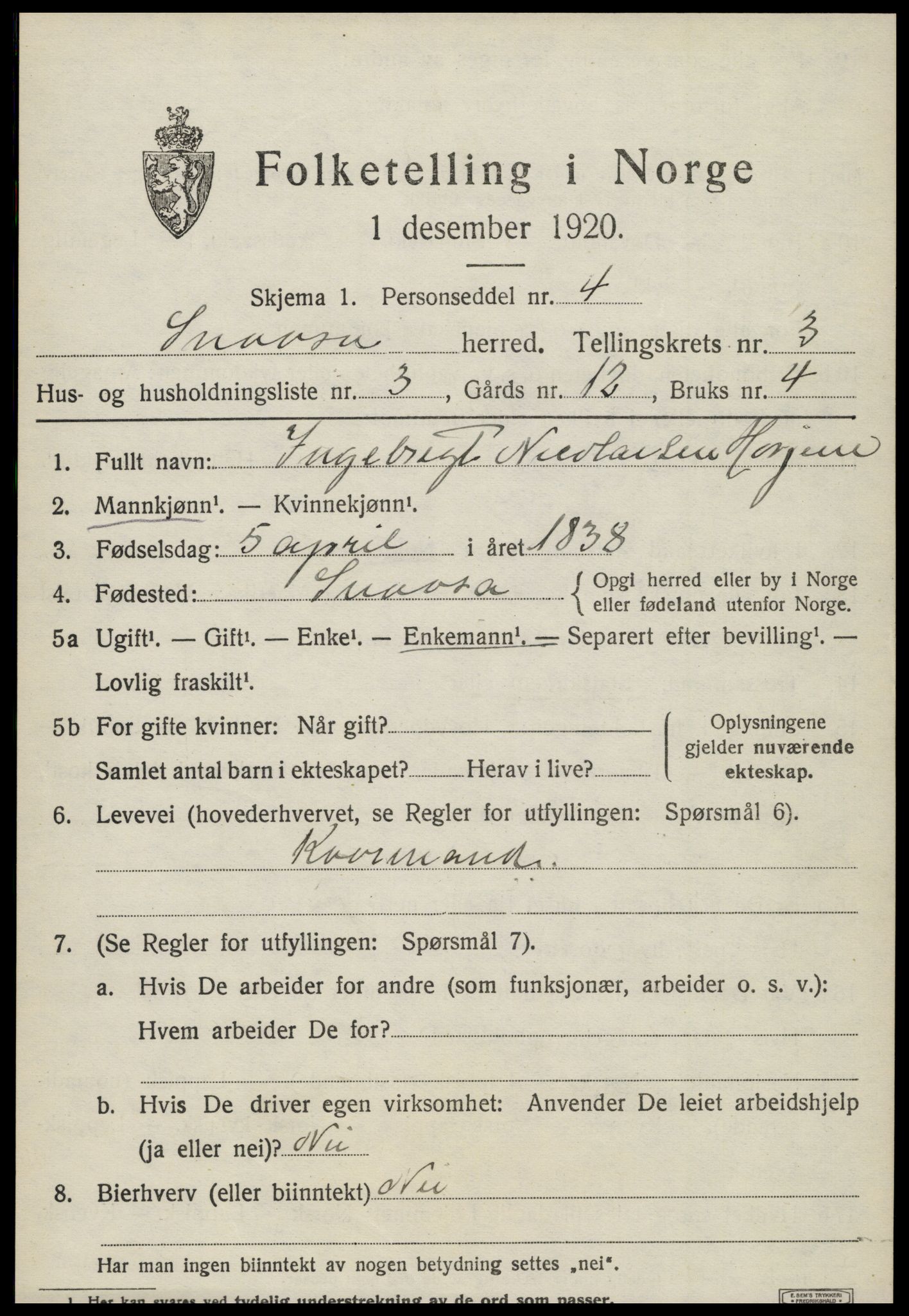 SAT, 1920 census for Snåsa, 1920, p. 1560