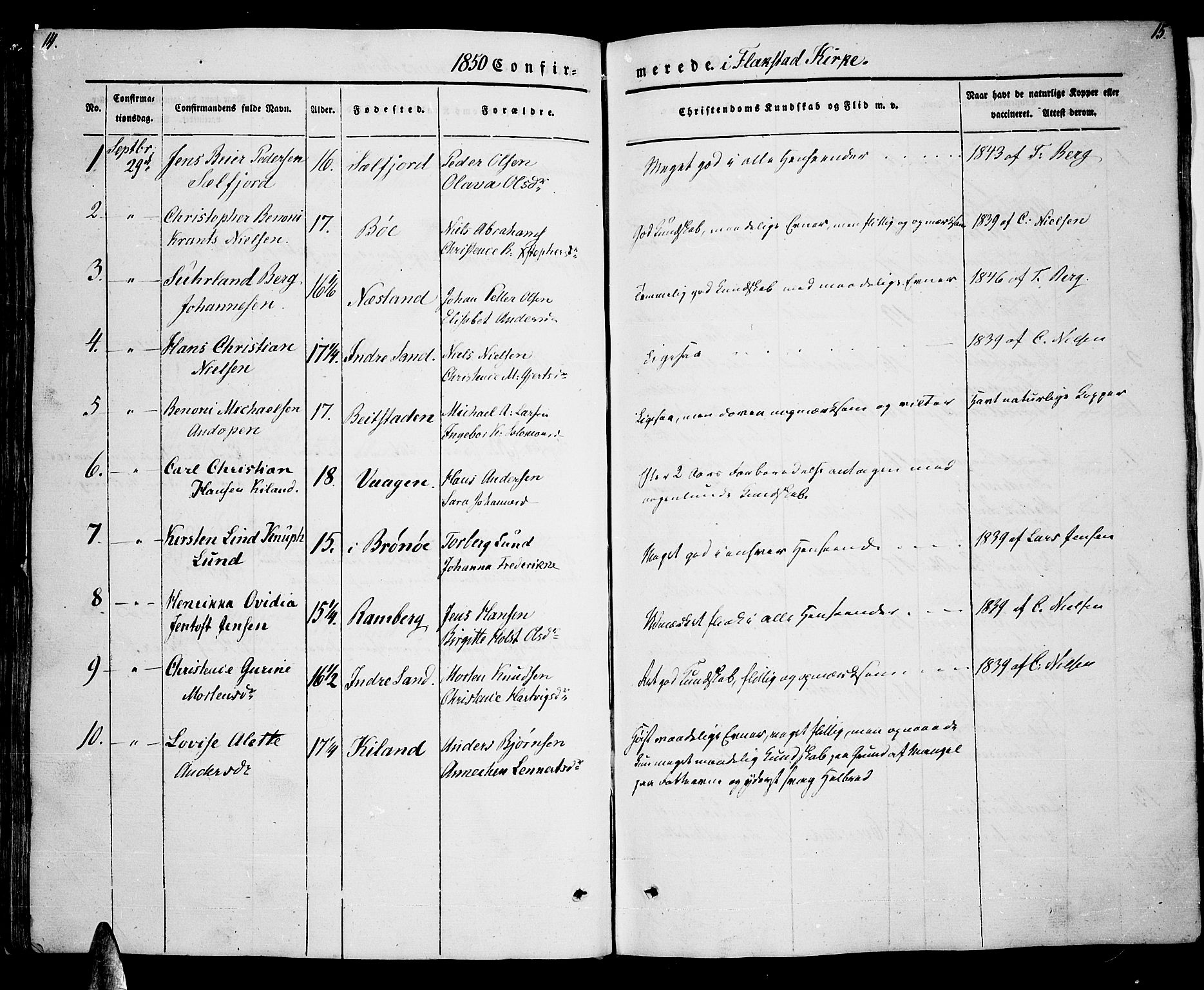 Ministerialprotokoller, klokkerbøker og fødselsregistre - Nordland, AV/SAT-A-1459/885/L1212: Parish register (copy) no. 885C01, 1847-1873, p. 14-15