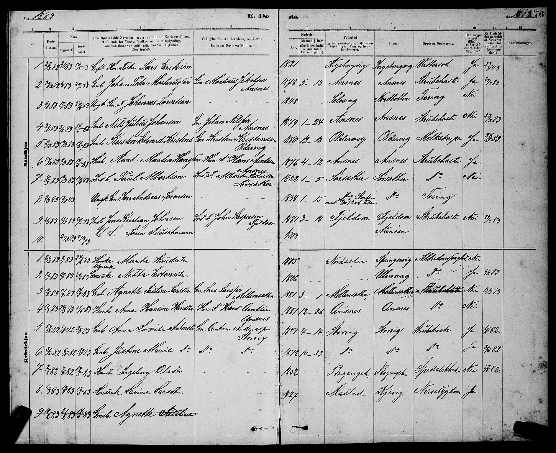 Ministerialprotokoller, klokkerbøker og fødselsregistre - Sør-Trøndelag, SAT/A-1456/637/L0562: Parish register (copy) no. 637C03, 1883-1898, p. 176