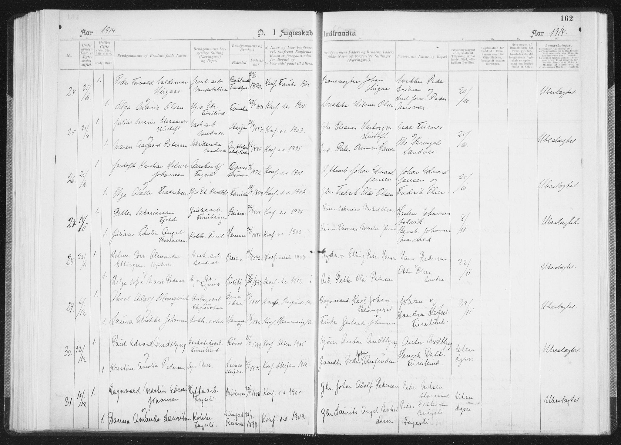 Ministerialprotokoller, klokkerbøker og fødselsregistre - Nordland, AV/SAT-A-1459/850/L0711: Curate's parish register no. 850B01, 1902-1915, p. 162