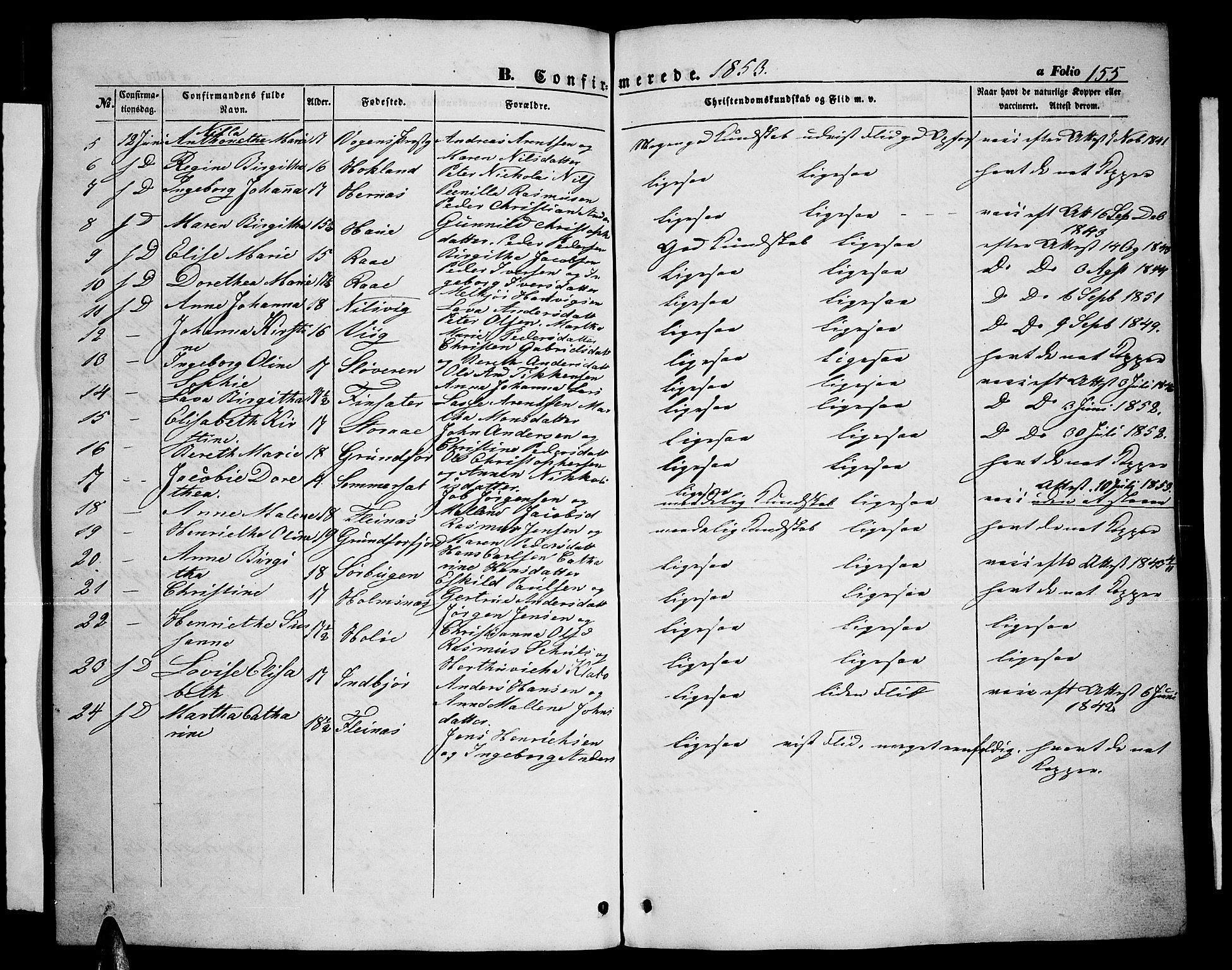 Ministerialprotokoller, klokkerbøker og fødselsregistre - Nordland, AV/SAT-A-1459/888/L1265: Parish register (copy) no. 888C03, 1850-1863, p. 155