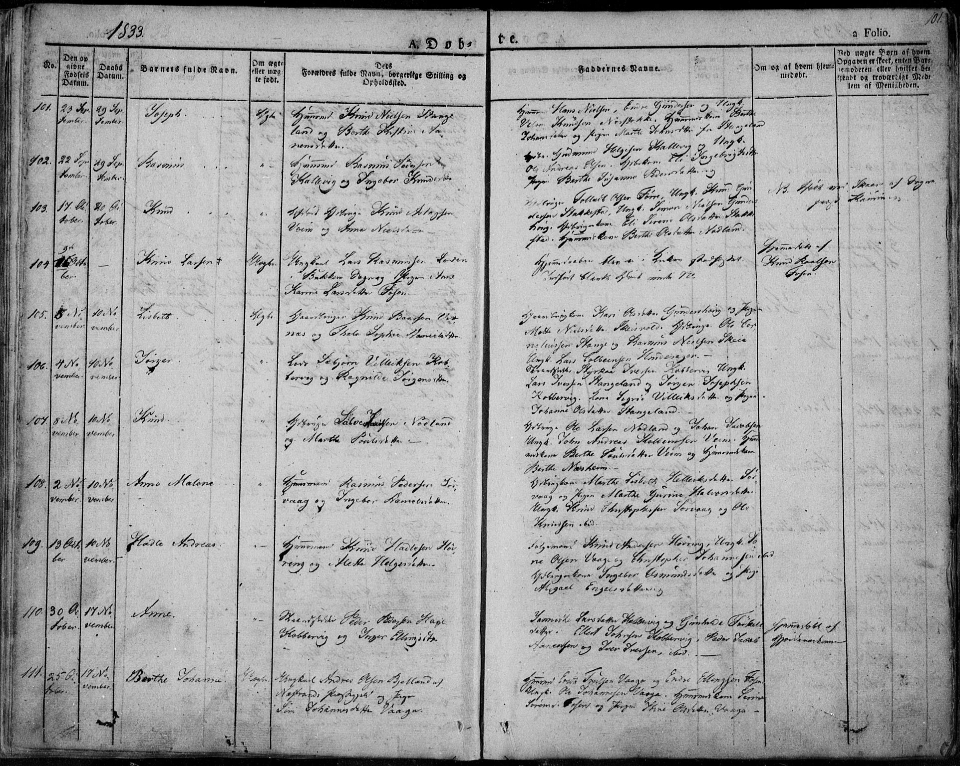 Avaldsnes sokneprestkontor, SAST/A -101851/H/Ha/Haa/L0005: Parish register (official) no. A 5.1, 1825-1841, p. 101