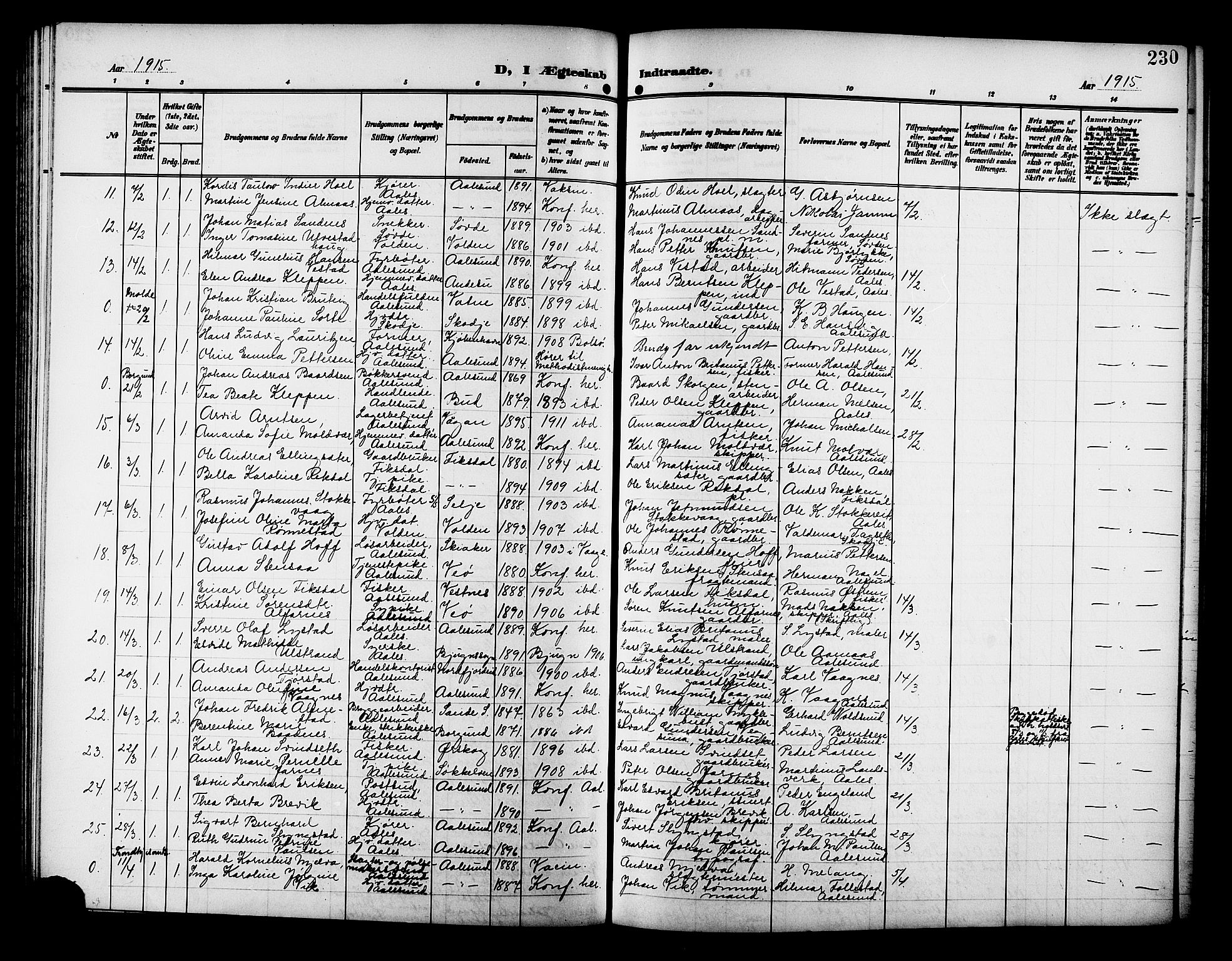 Ministerialprotokoller, klokkerbøker og fødselsregistre - Møre og Romsdal, AV/SAT-A-1454/529/L0470: Parish register (copy) no. 529C07, 1907-1917, p. 230