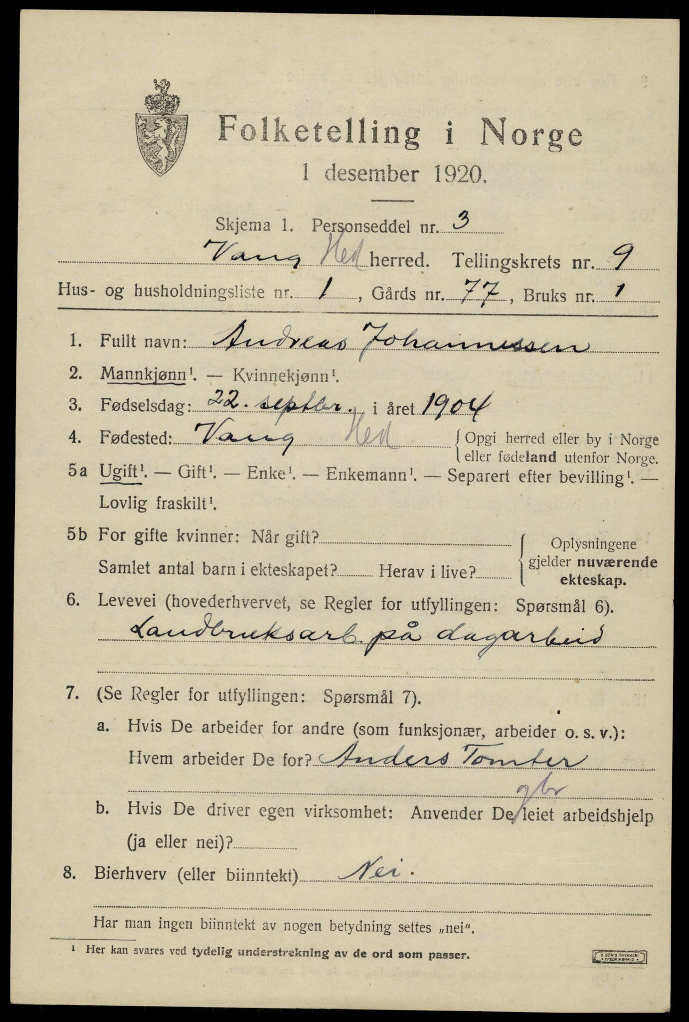 SAH, 1920 census for Vang (Hedmark), 1920, p. 18093