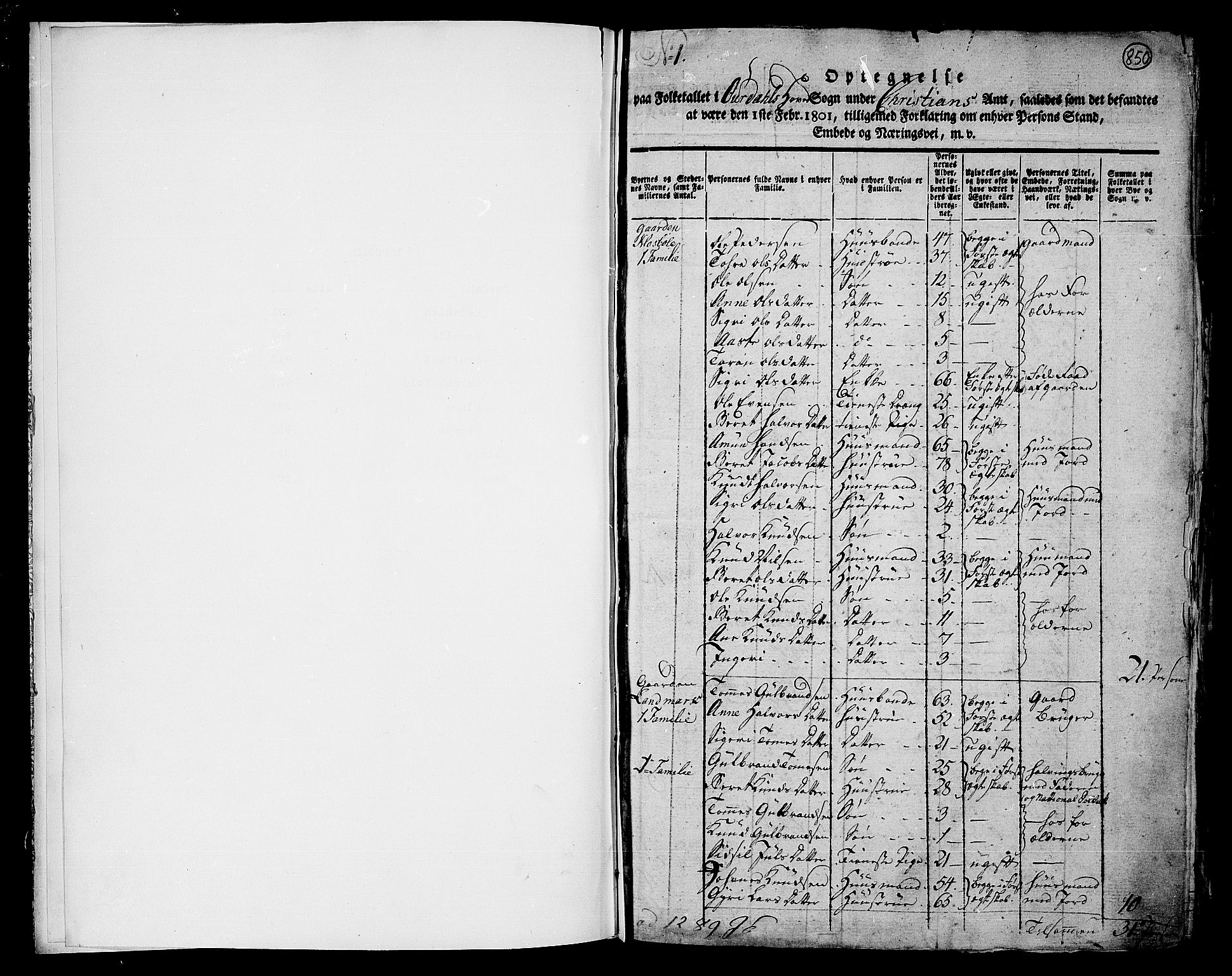 RA, 1801 census for 0542P Aurdal, 1801, p. 850a