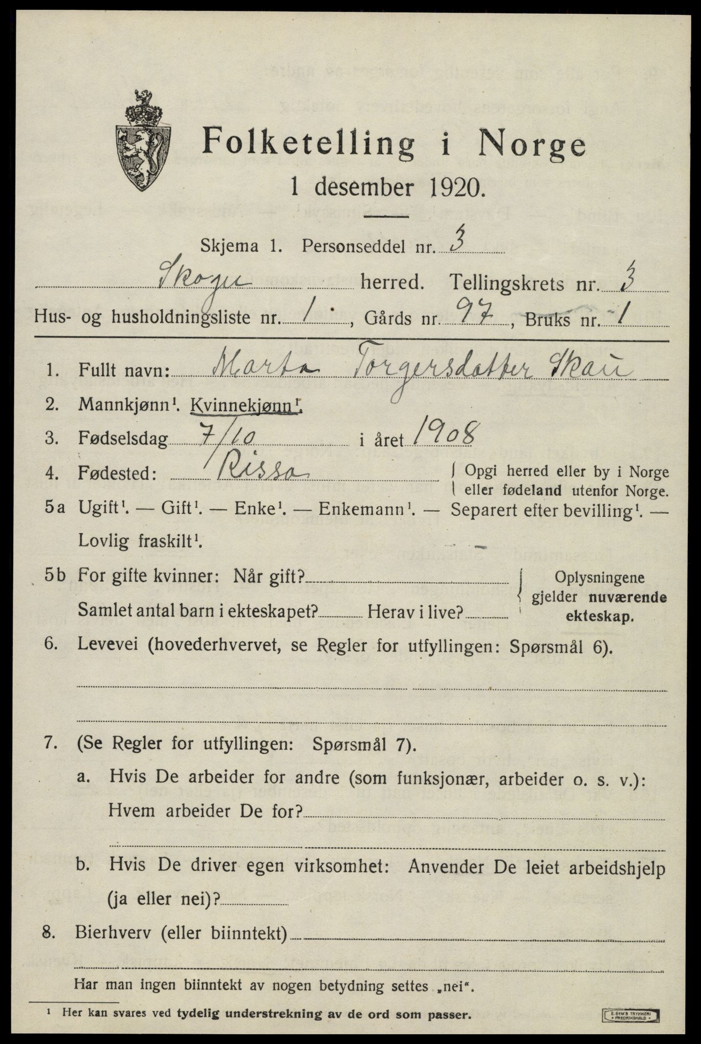 SAT, 1920 census for Skogn, 1920, p. 4599