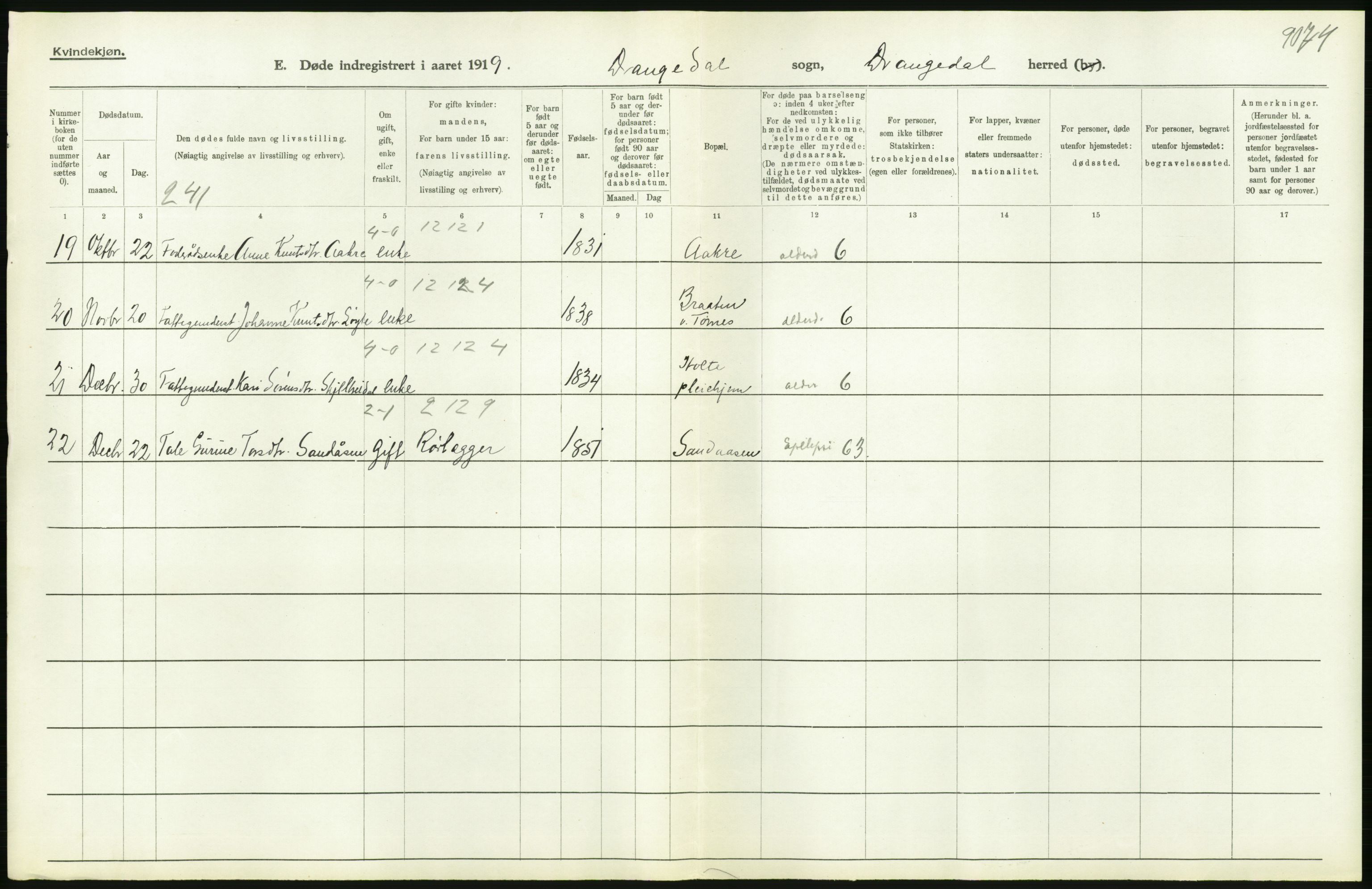 Statistisk sentralbyrå, Sosiodemografiske emner, Befolkning, AV/RA-S-2228/D/Df/Dfb/Dfbi/L0023: Telemark fylke: Døde. Bygder og byer., 1919, p. 188