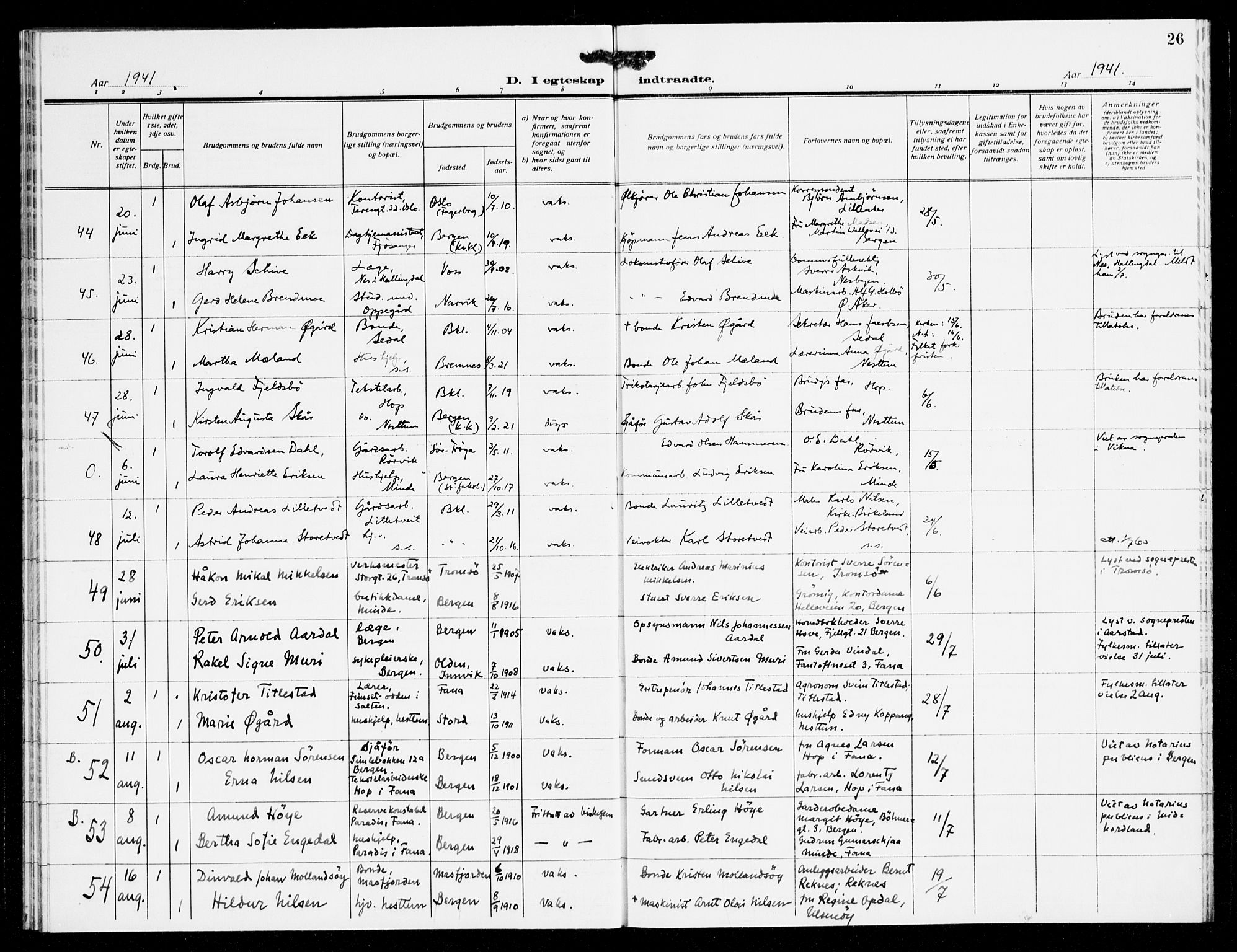 Fana Sokneprestembete, AV/SAB-A-75101/H/Haa/Haak/L0003: Parish register (official) no. K 3, 1938-1944, p. 26