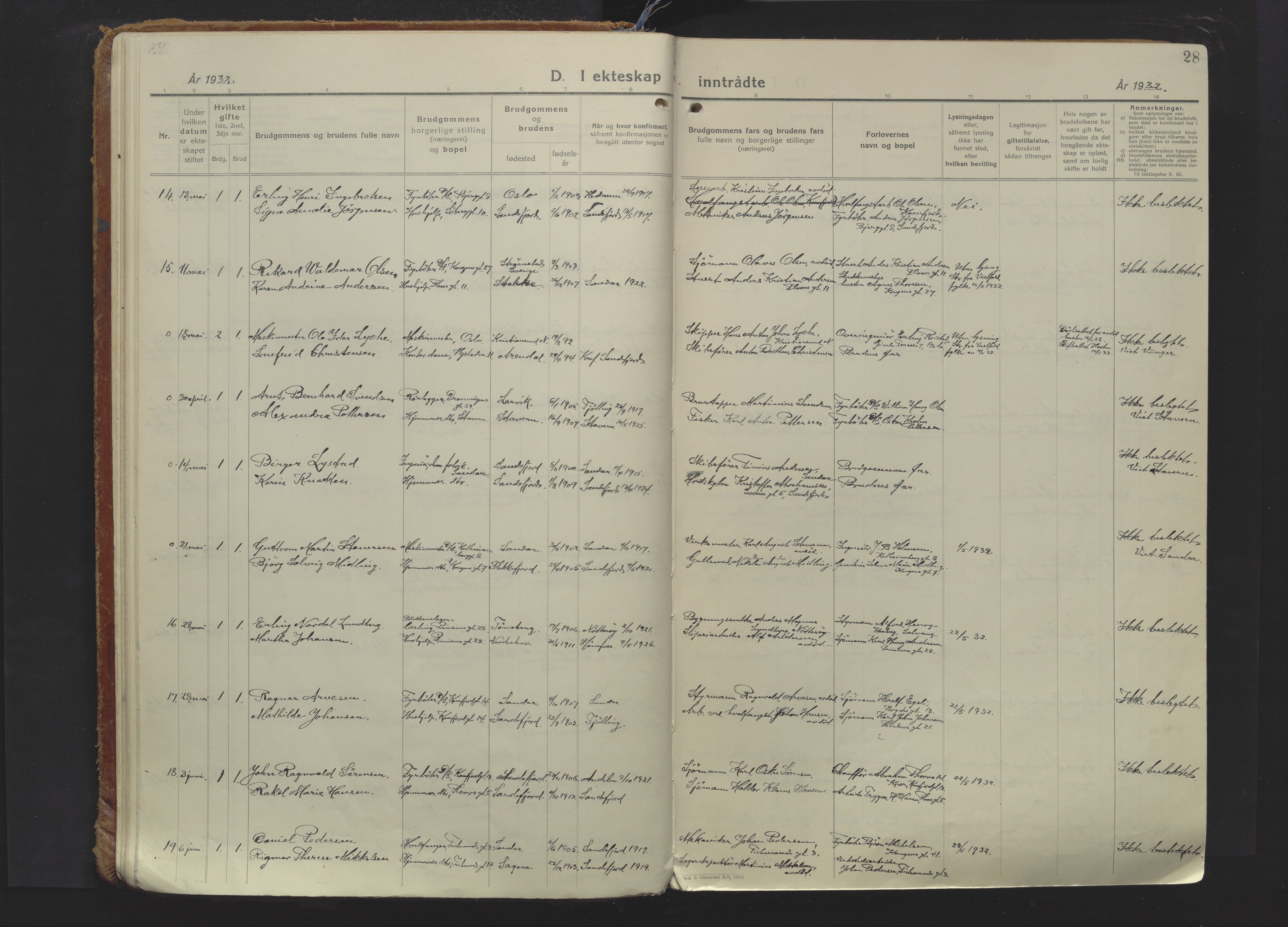 Sandefjord kirkebøker, SAKO/A-315/F/Fa/L0009: Parish register (official) no. 9, 1926-1945, p. 28
