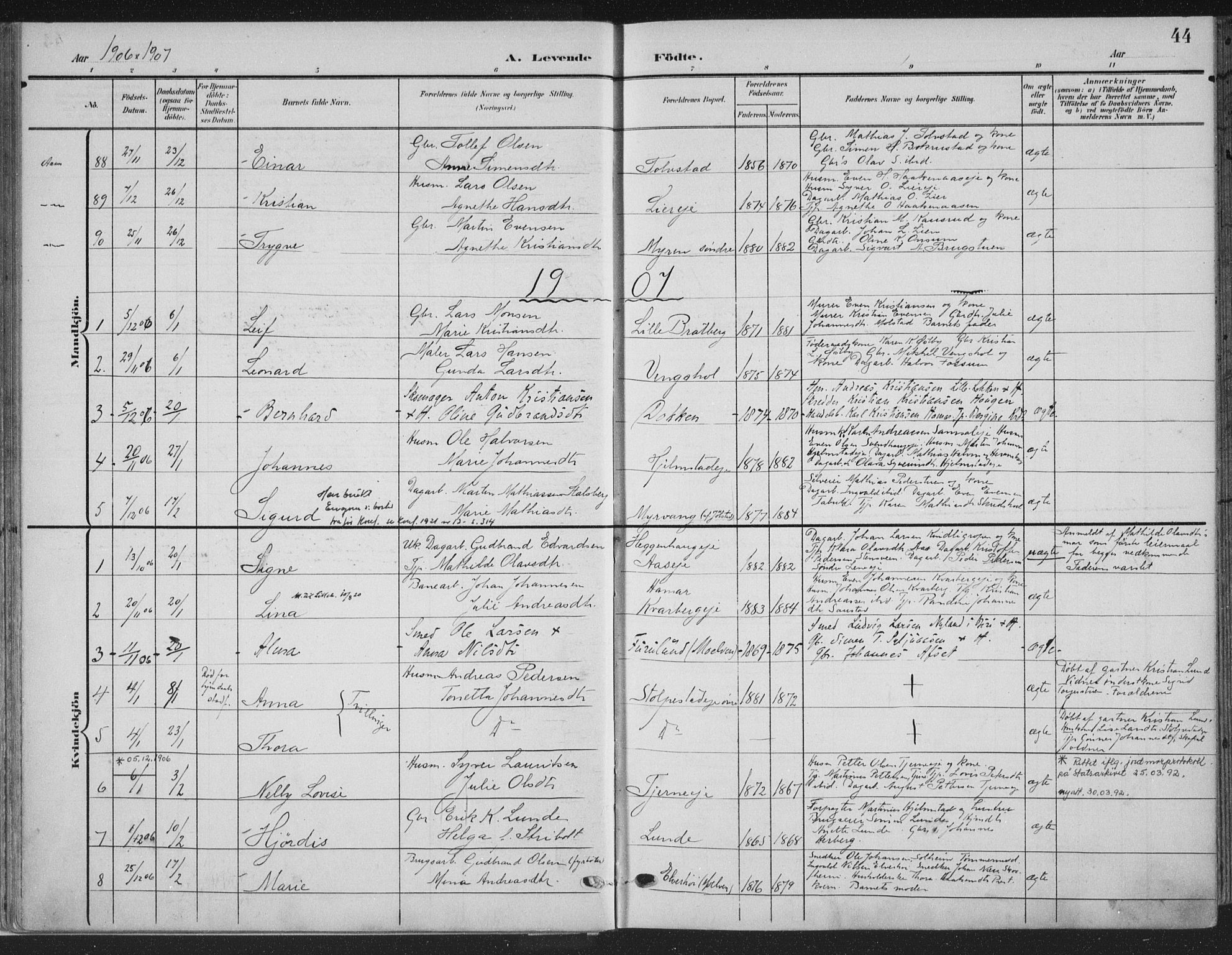Ringsaker prestekontor, SAH/PREST-014/K/Ka/L0018: Parish register (official) no. 18, 1903-1912, p. 44