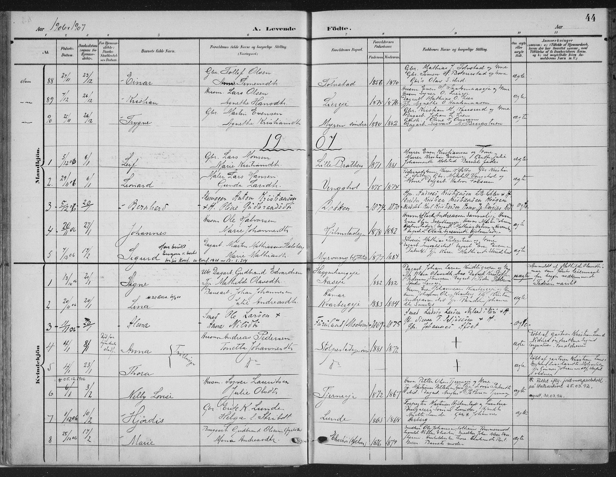 Ringsaker prestekontor, AV/SAH-PREST-014/K/Ka/L0018: Parish register (official) no. 18, 1903-1912, p. 44