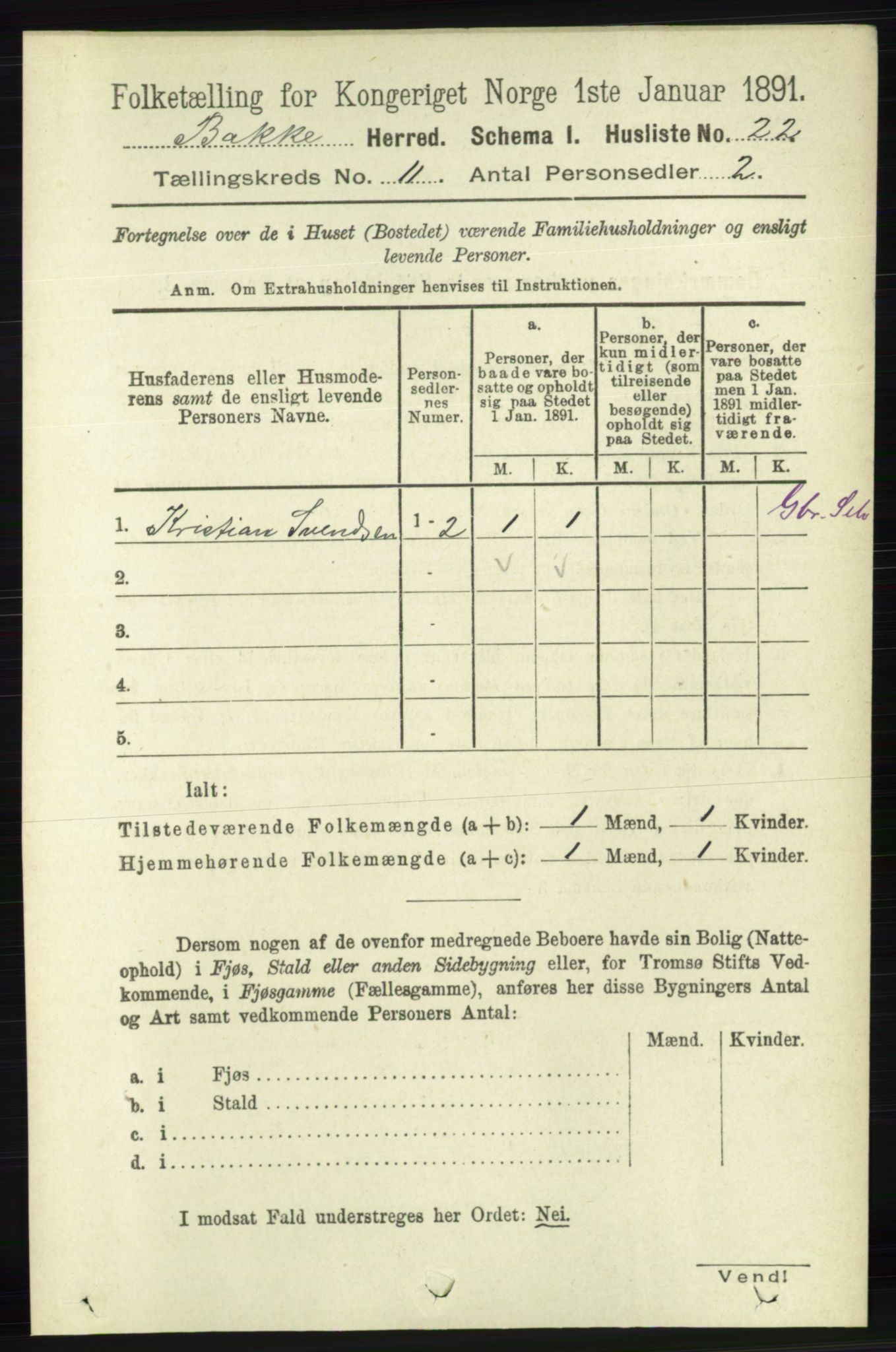 RA, 1891 census for 1045 Bakke, 1891, p. 2225