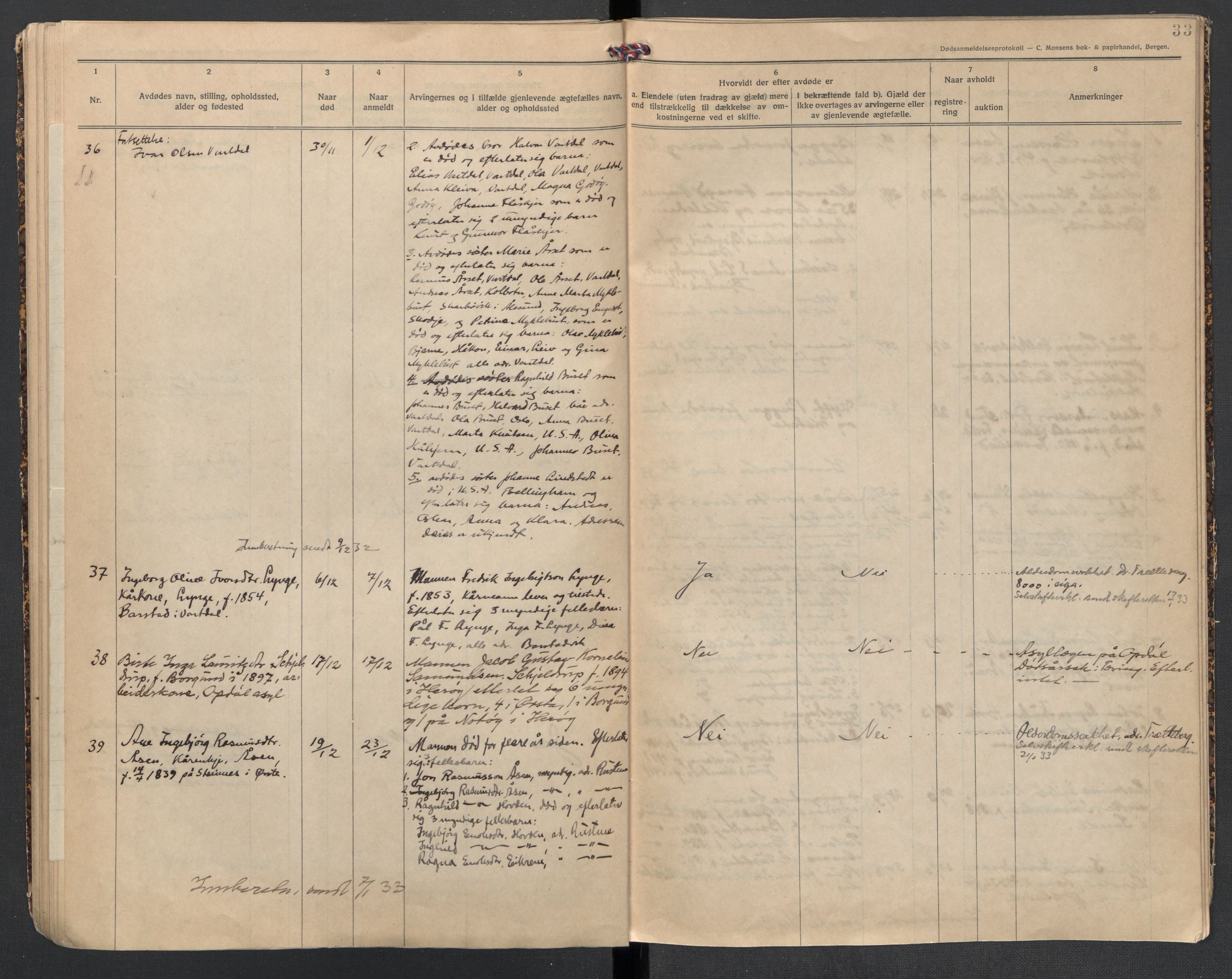 Ørsta lensmannskontor, AV/SAT-A-5670/1/02/L0002: 2.1.02 - Dødsfallsprotokoll, 1924-1933, p. 33