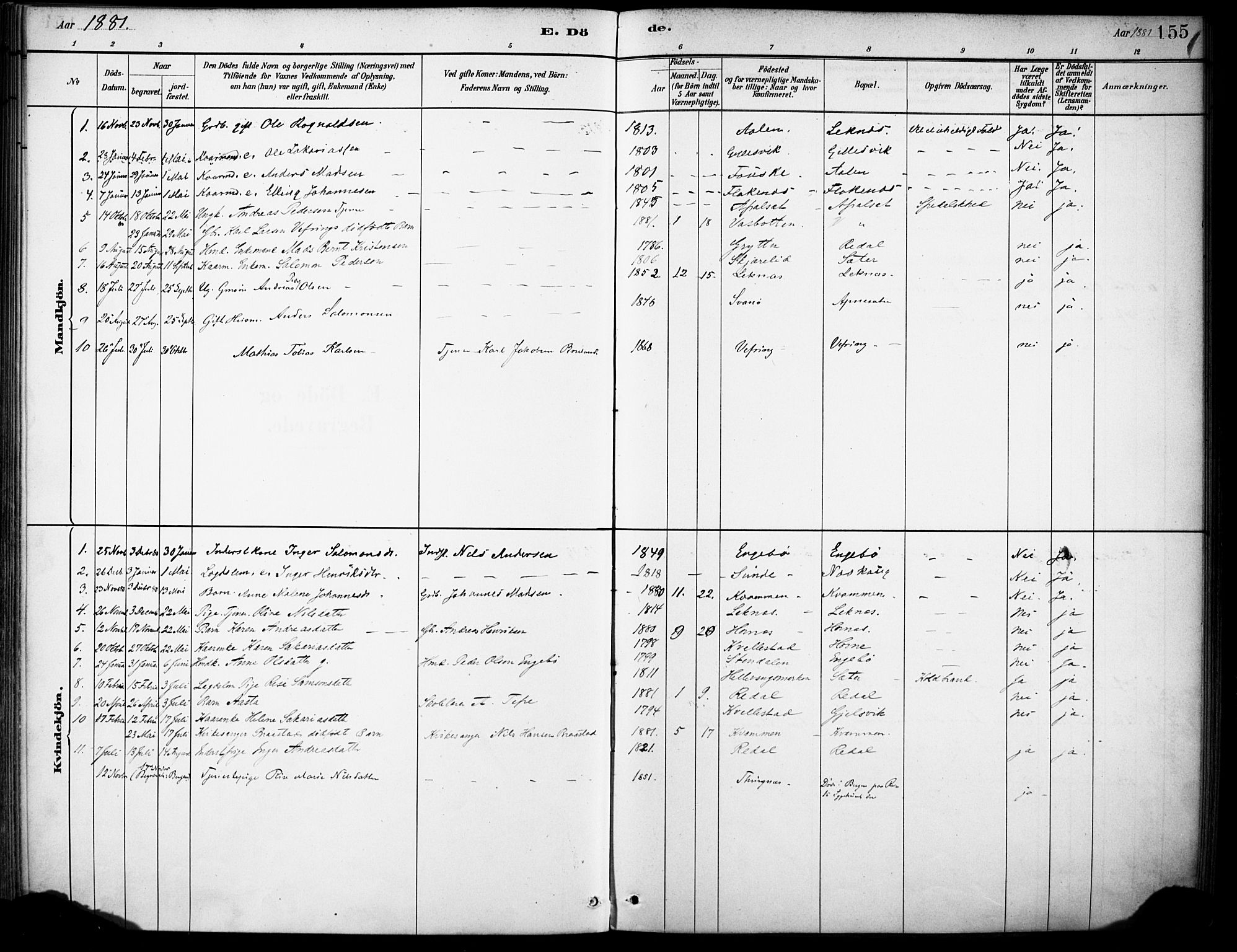 Førde sokneprestembete, AV/SAB-A-79901/H/Haa/Haae/L0001: Parish register (official) no. E 1, 1881-1911, p. 155