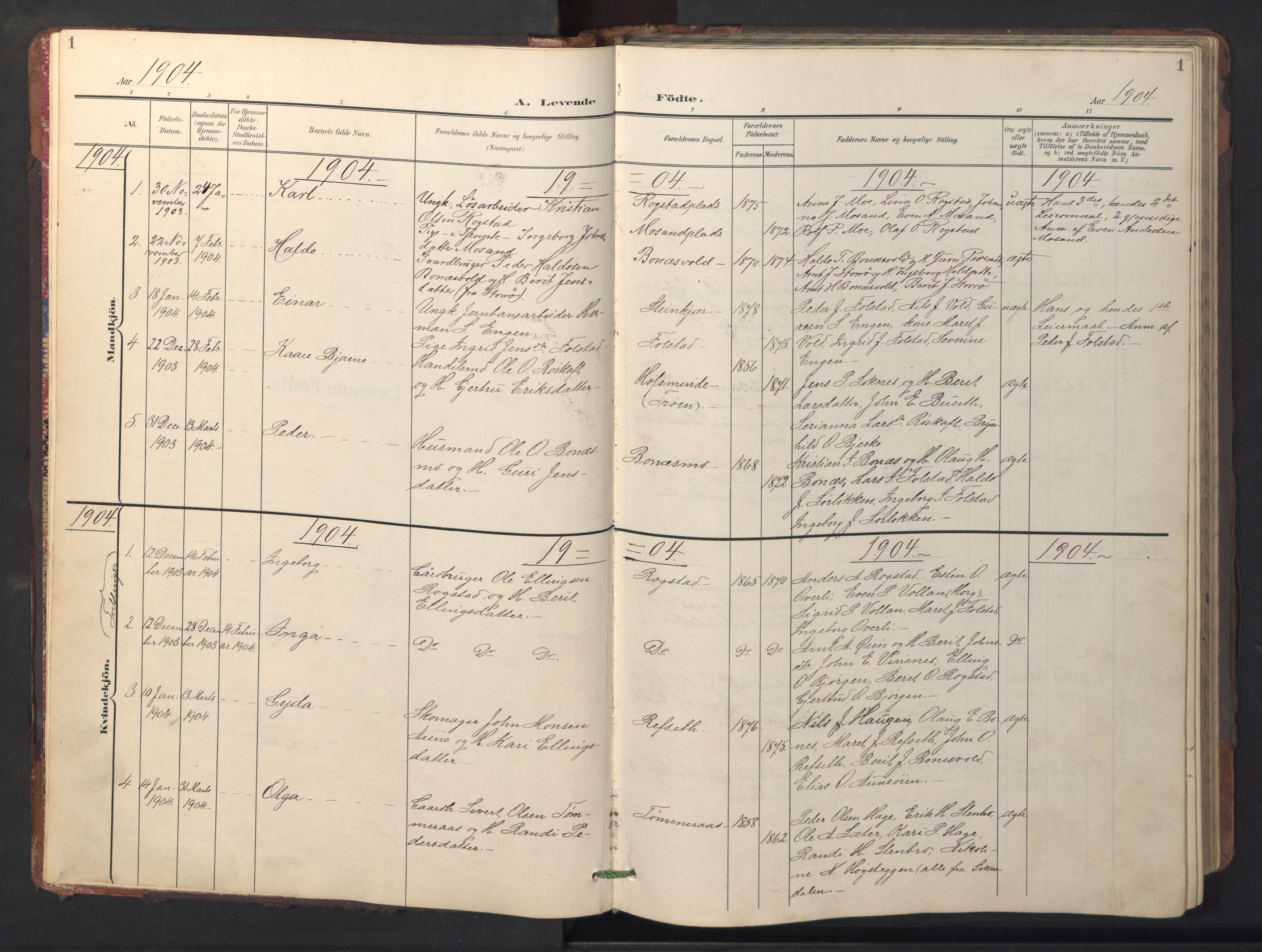 Ministerialprotokoller, klokkerbøker og fødselsregistre - Sør-Trøndelag, SAT/A-1456/687/L1019: Parish register (copy) no. 687C03, 1904-1931, p. 1