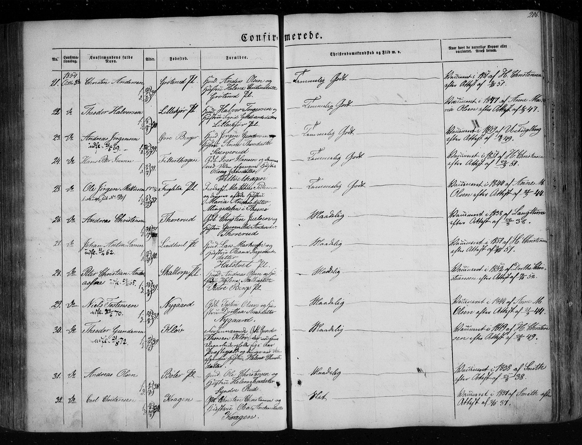 Eidsberg prestekontor Kirkebøker, SAO/A-10905/F/Fa/L0009: Parish register (official) no. I 9, 1849-1856, p. 206