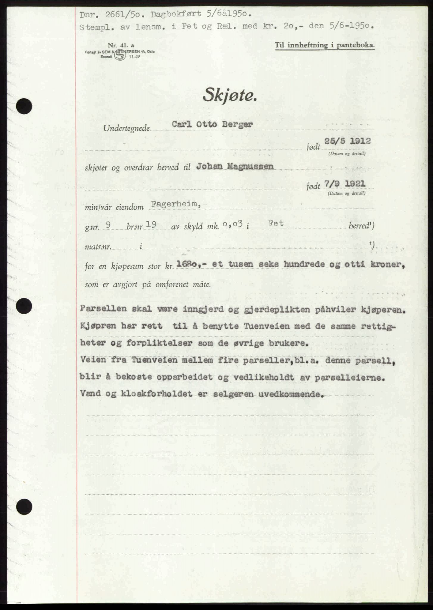 Nedre Romerike sorenskriveri, SAO/A-10469/G/Gb/Gbd/L0030: Mortgage book no. 30, 1950-1950, Diary no: : 2661/1950