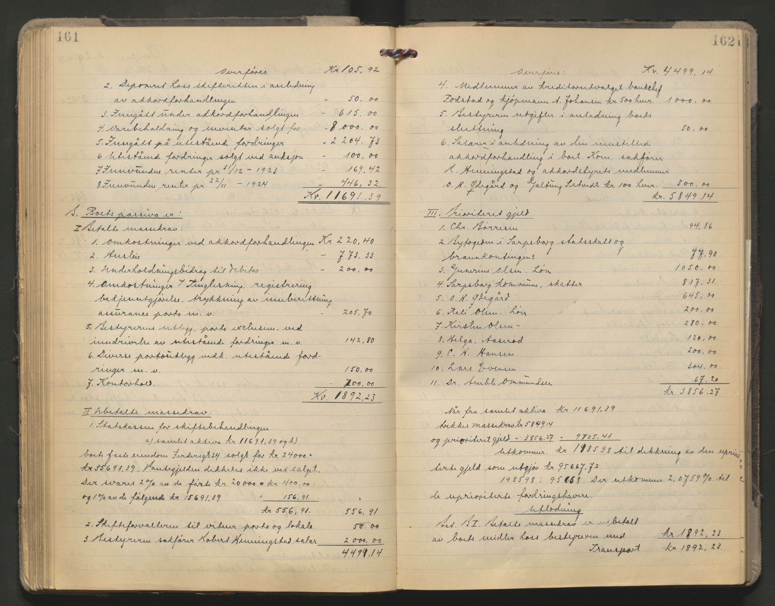 Sarpsborg byfogd, AV/SAO-A-10864/H/He/L0004: Skifteutlodningsprotokoll, 1920-1930, p. 161-162