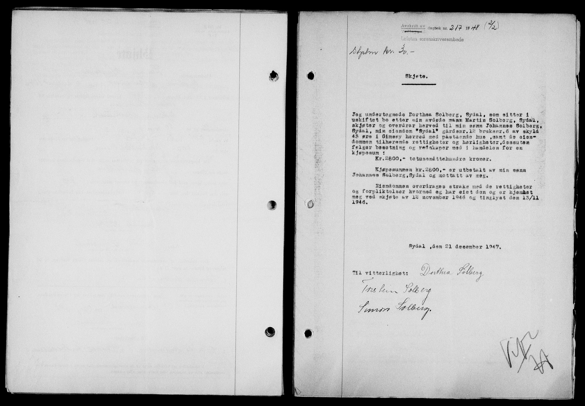 Lofoten sorenskriveri, SAT/A-0017/1/2/2C/L0017a: Mortgage book no. 17a, 1947-1948, Diary no: : 217/1948