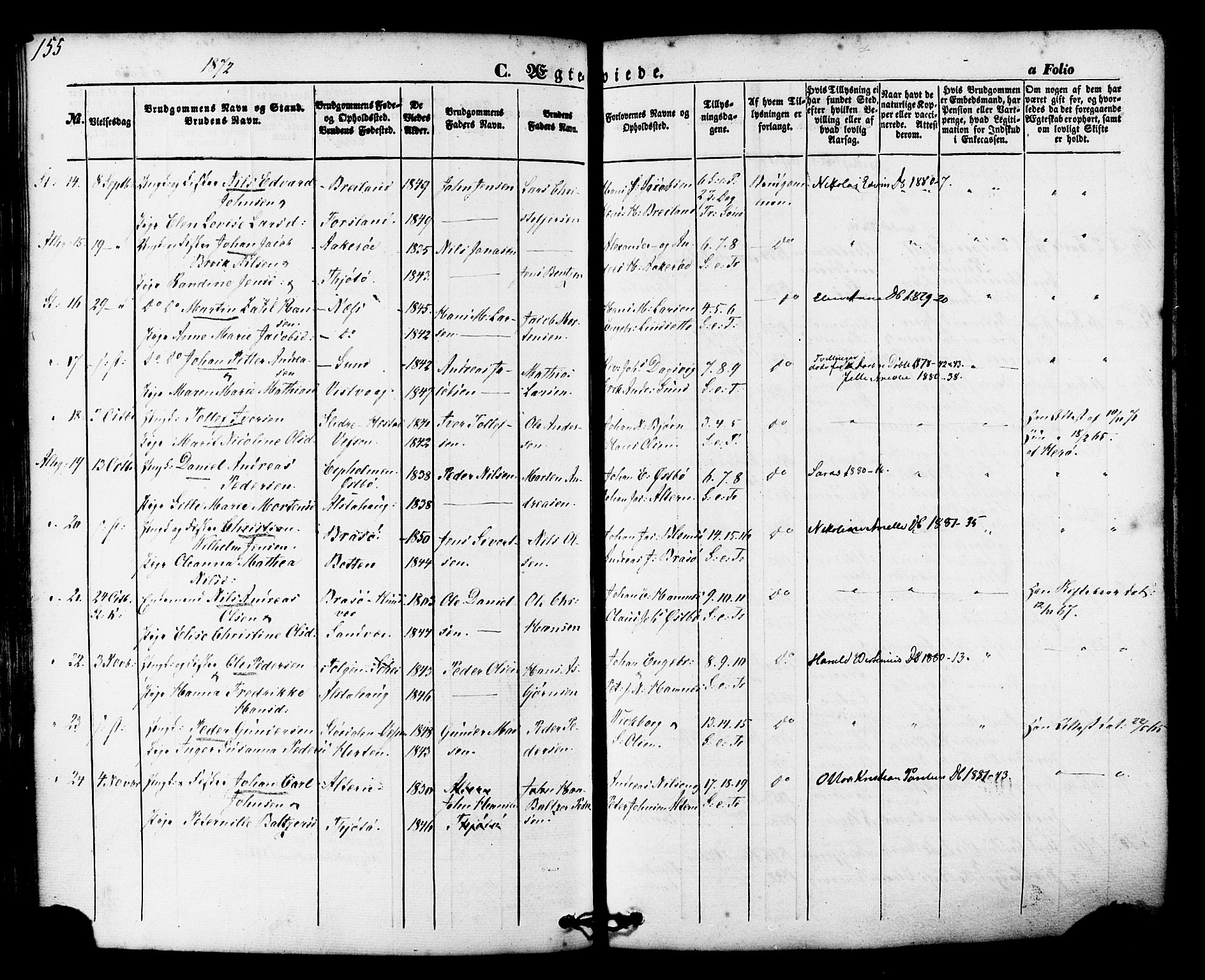 Ministerialprotokoller, klokkerbøker og fødselsregistre - Nordland, AV/SAT-A-1459/830/L0448: Parish register (official) no. 830A12, 1855-1878, p. 155