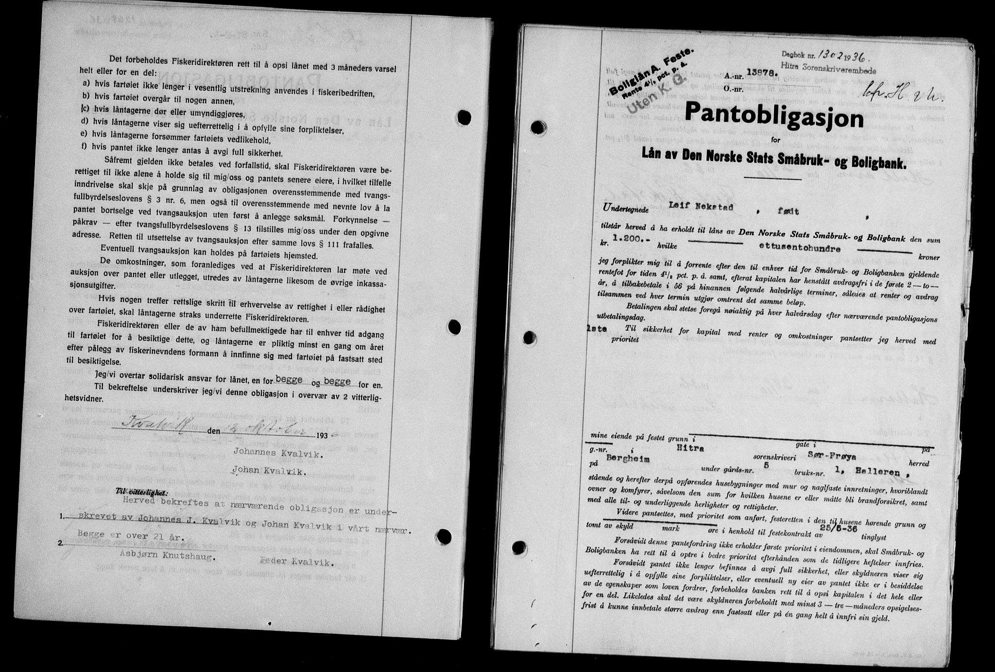 Hitra sorenskriveri, AV/SAT-A-0018/2/2C/2Ca/L0028: Mortgage book no. B-1, 1936-1939, Diary no: : 1302/1936