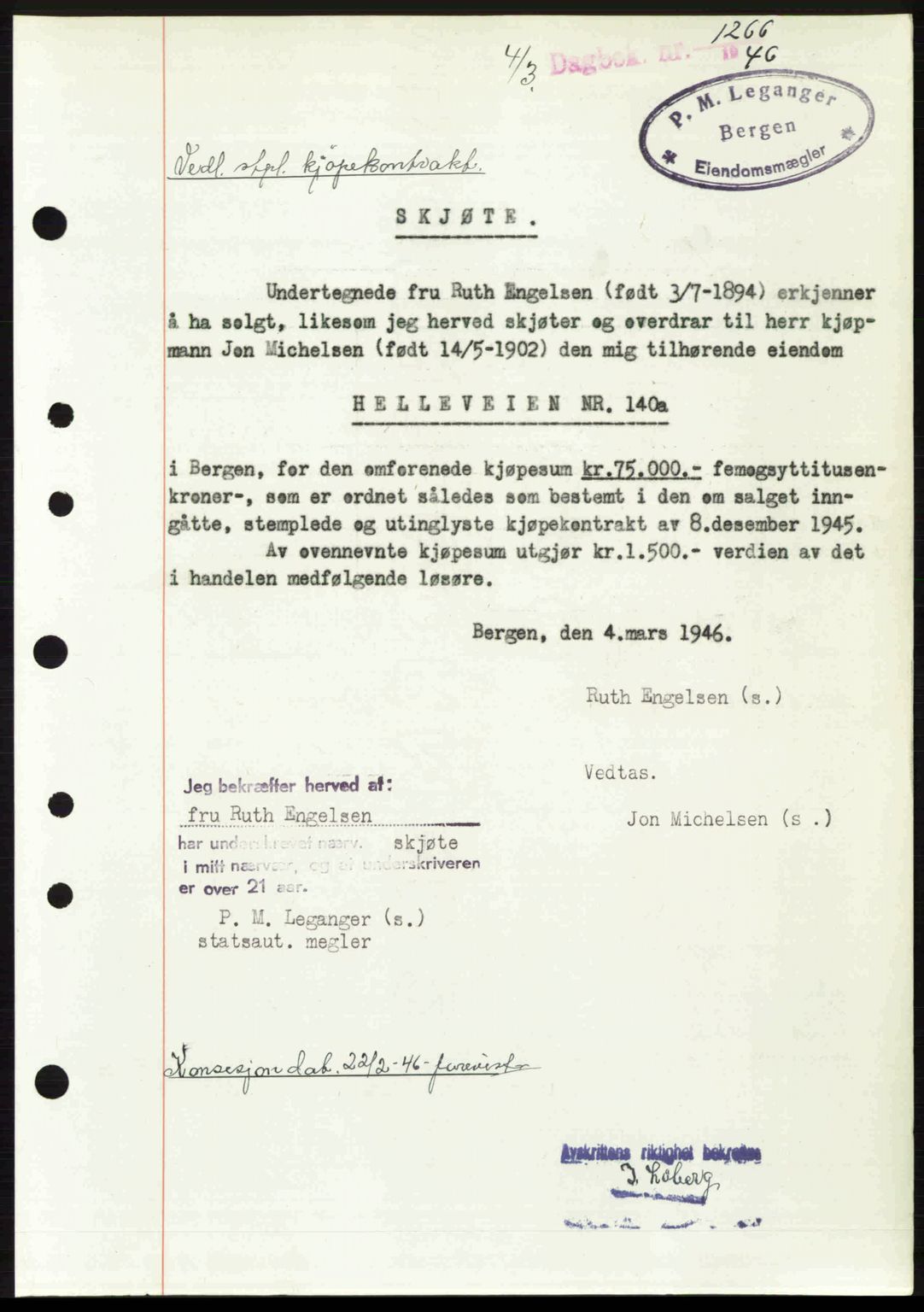 Byfogd og Byskriver i Bergen, SAB/A-3401/03/03Bc/L0022: Mortgage book no. A18, 1946-1946, Diary no: : 1266/1946
