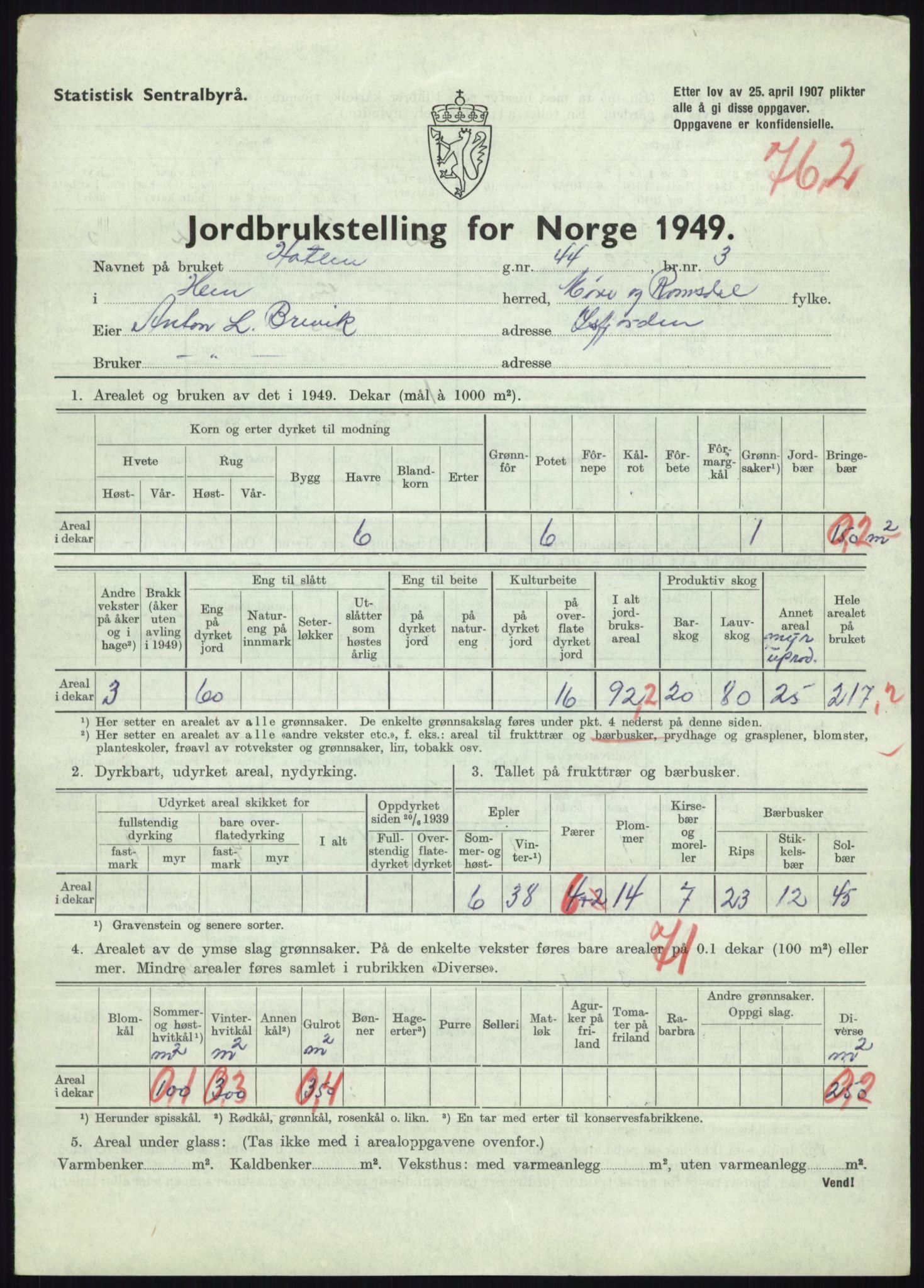 Statistisk sentralbyrå, Næringsøkonomiske emner, Jordbruk, skogbruk, jakt, fiske og fangst, AV/RA-S-2234/G/Gc/L0323: Møre og Romsdal: Grytten og Hen, 1949, p. 821