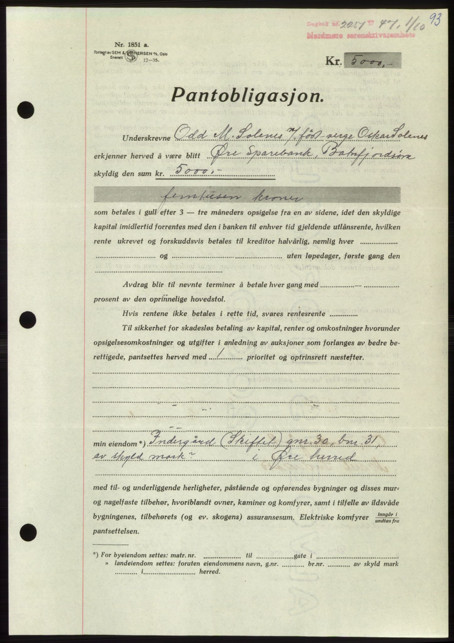 Nordmøre sorenskriveri, AV/SAT-A-4132/1/2/2Ca: Mortgage book no. B97, 1947-1948, Diary no: : 2251/1947