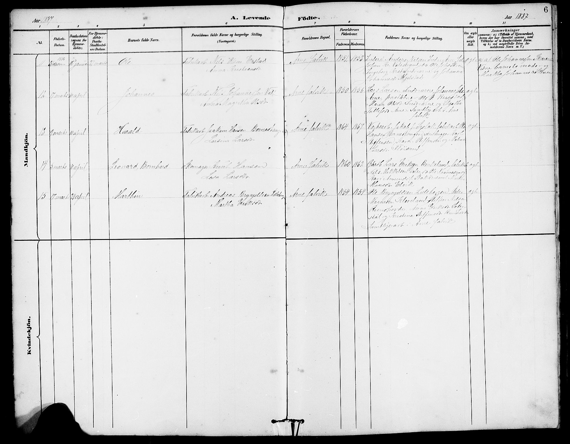 Arna Sokneprestembete, AV/SAB-A-74001/H/Ha/Hab: Parish register (copy) no. A 3, 1887-1897, p. 6