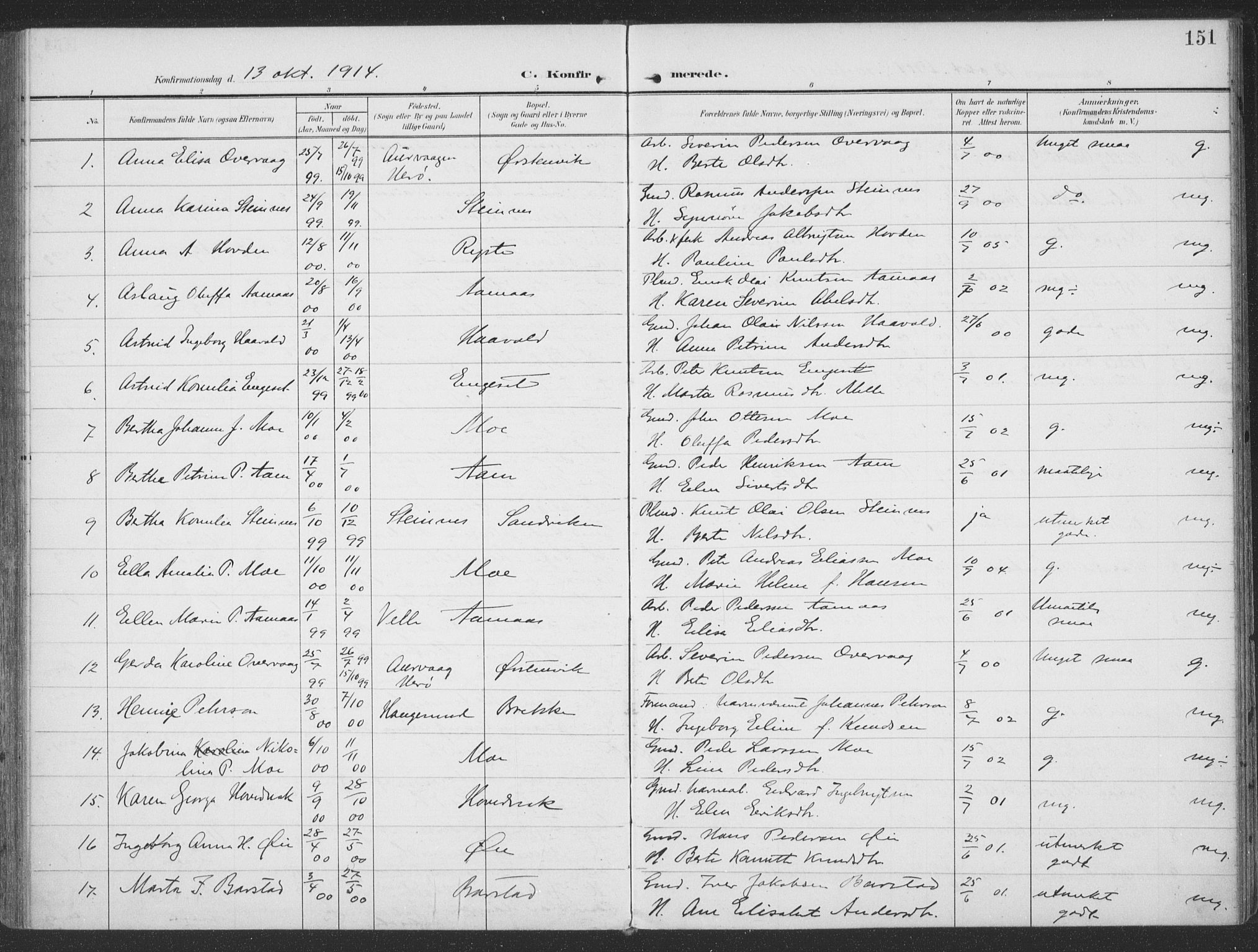 Ministerialprotokoller, klokkerbøker og fødselsregistre - Møre og Romsdal, AV/SAT-A-1454/513/L0178: Parish register (official) no. 513A05, 1906-1919, p. 151