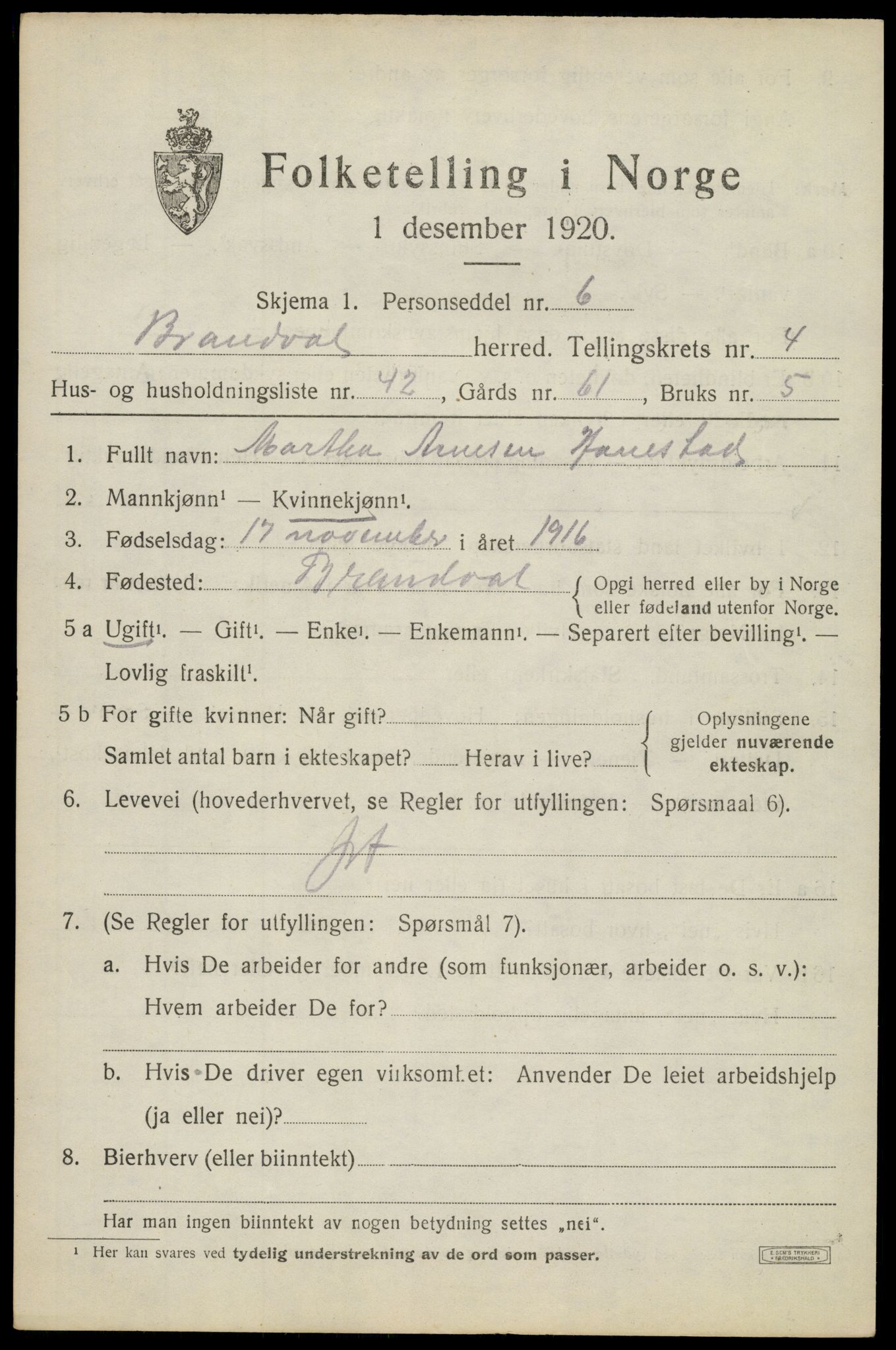 SAH, 1920 census for Brandval, 1920, p. 4252