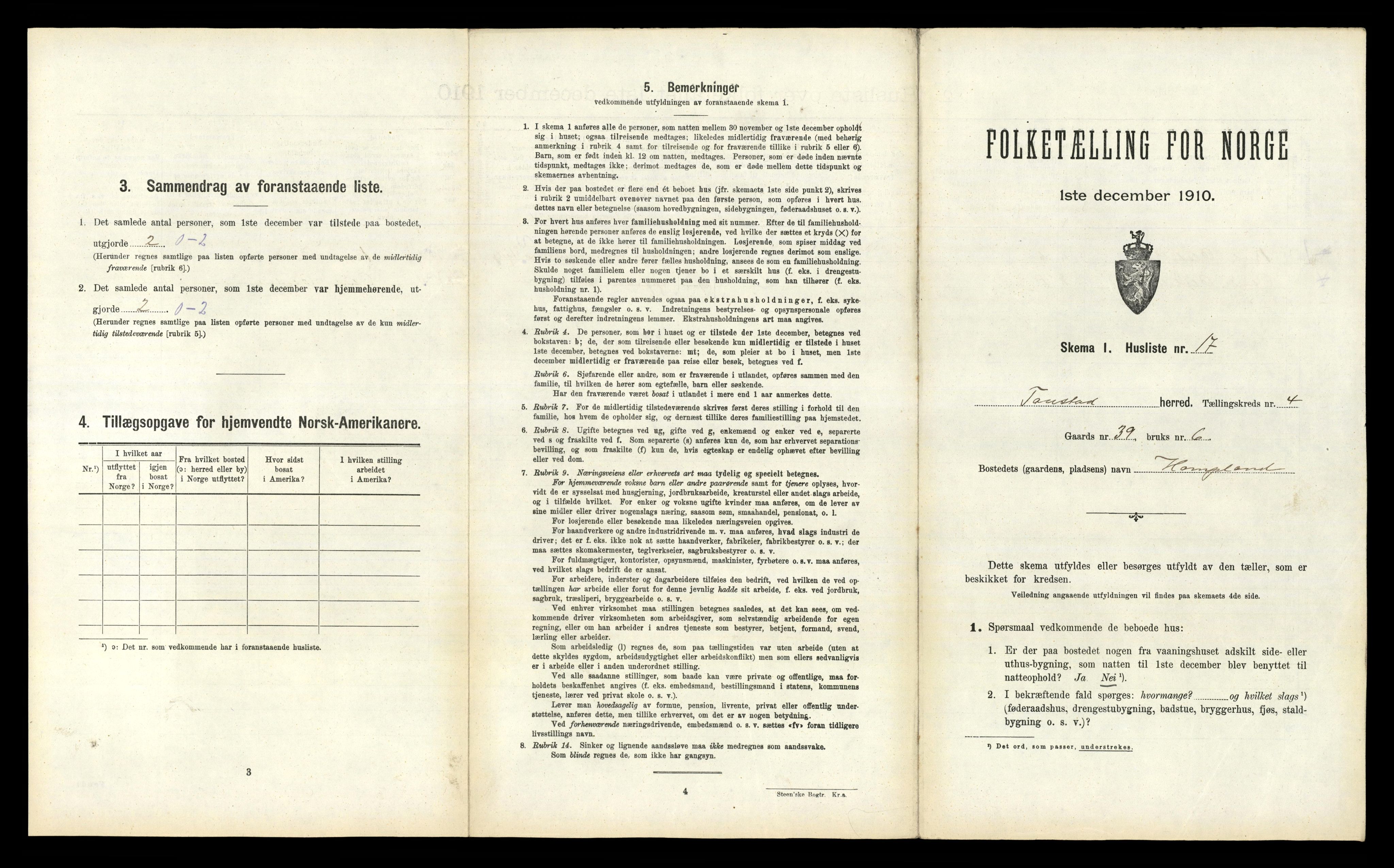 RA, 1910 census for Tonstad, 1910, p. 196