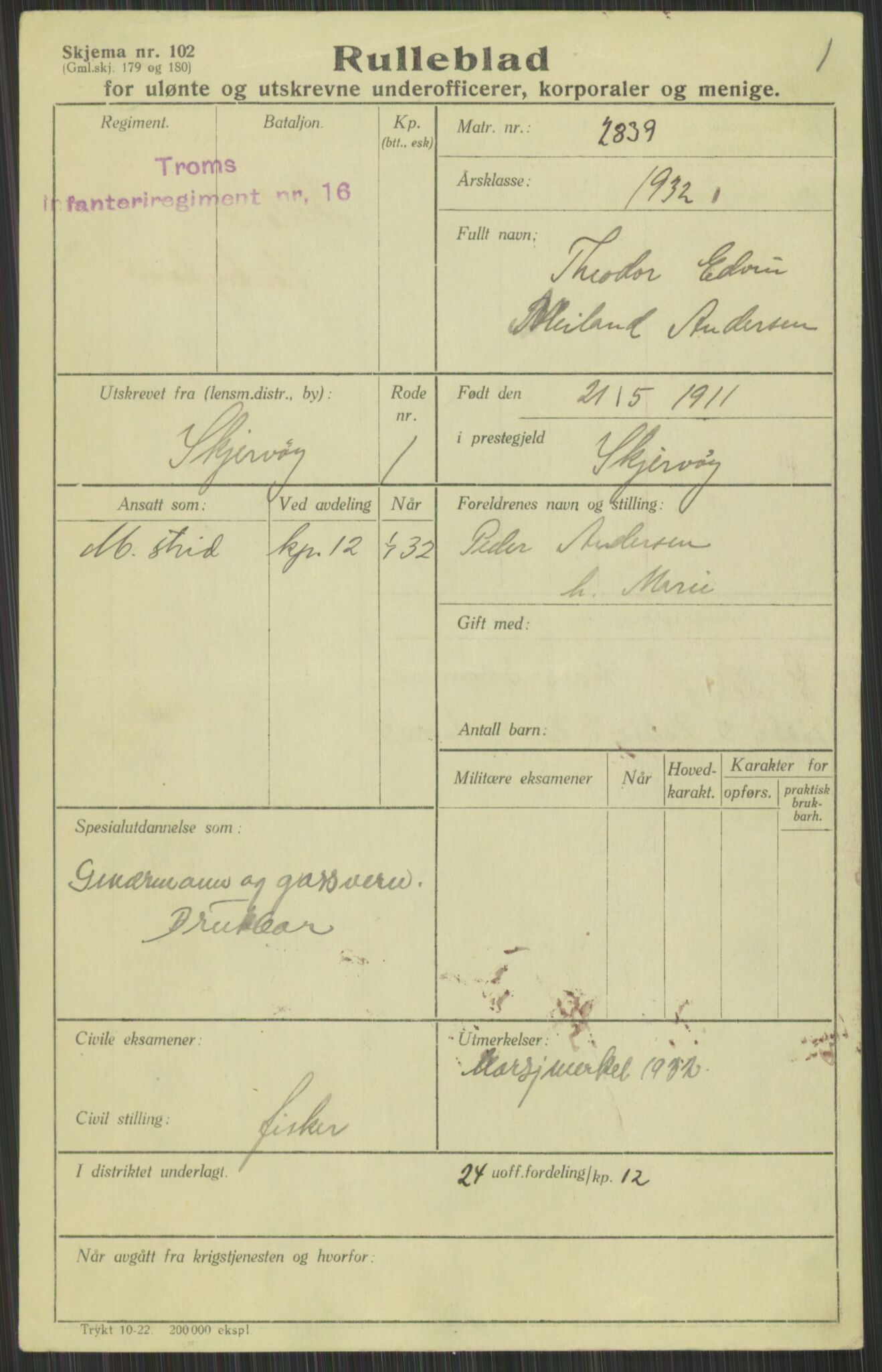 Forsvaret, Troms infanteriregiment nr. 16, AV/RA-RAFA-3146/P/Pa/L0016: Rulleblad for regimentets menige mannskaper, årsklasse 1932, 1932, p. 25