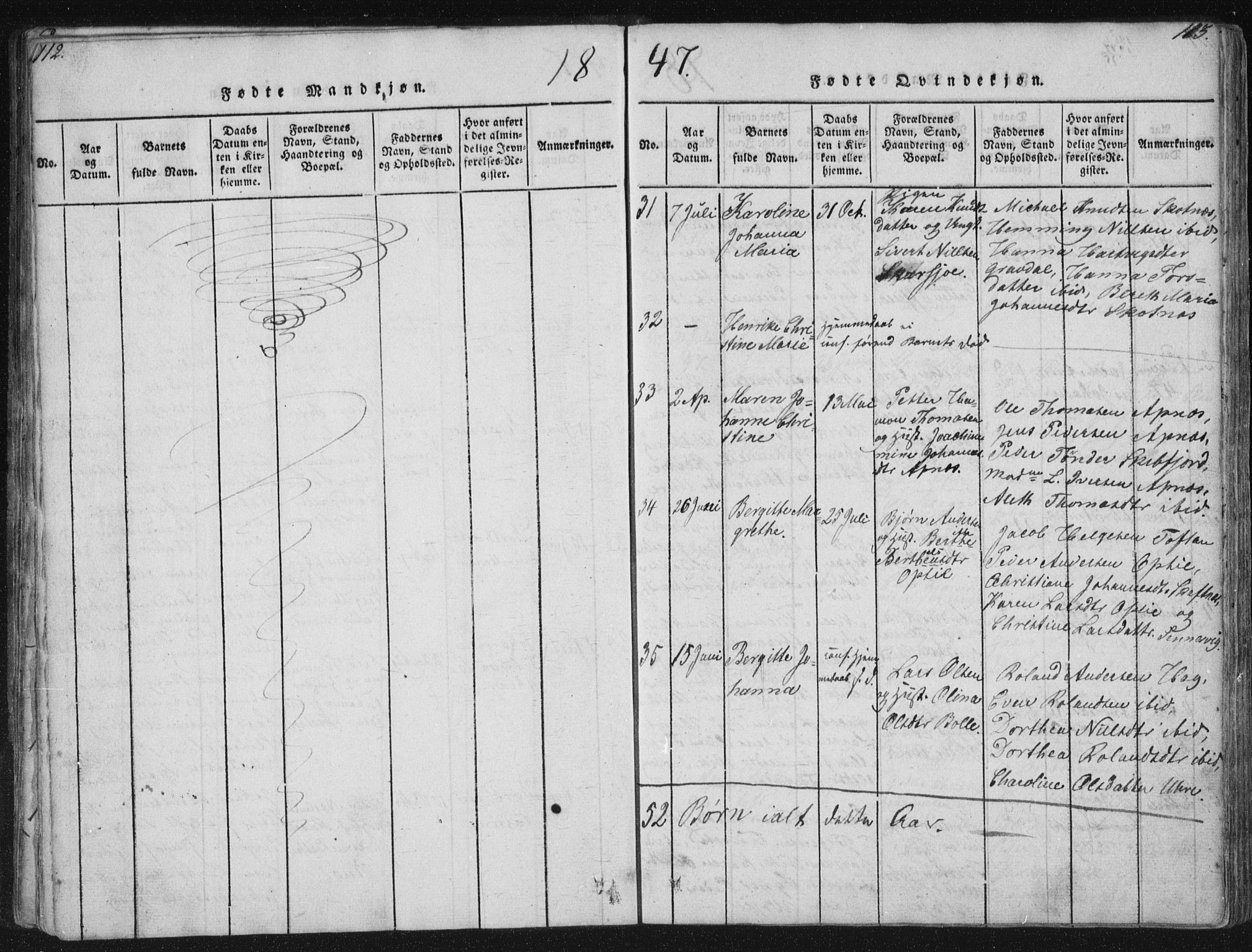 Ministerialprotokoller, klokkerbøker og fødselsregistre - Nordland, AV/SAT-A-1459/881/L1164: Parish register (copy) no. 881C01, 1818-1853, p. 112-113