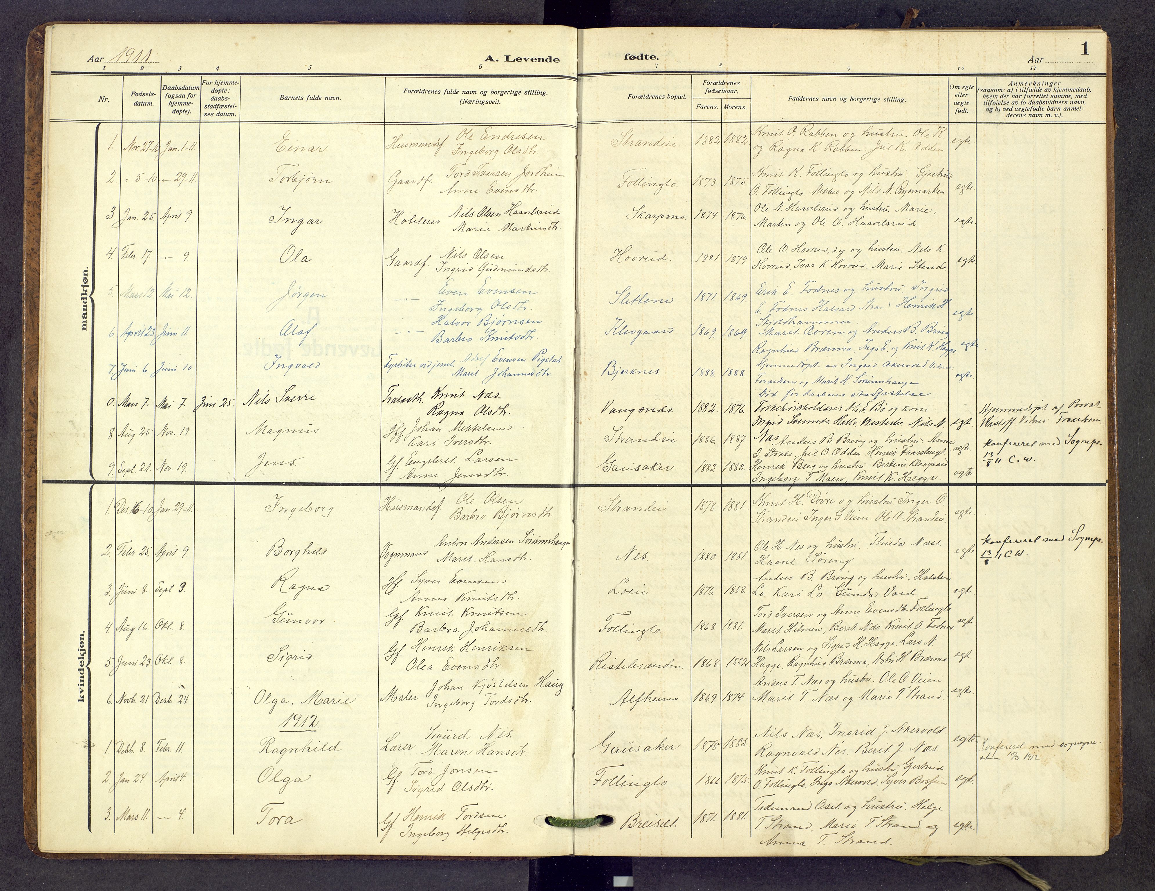 Nord-Aurdal prestekontor, SAH/PREST-132/H/Ha/Hab/L0013: Parish register (copy) no. 13, 1911-1948, p. 1