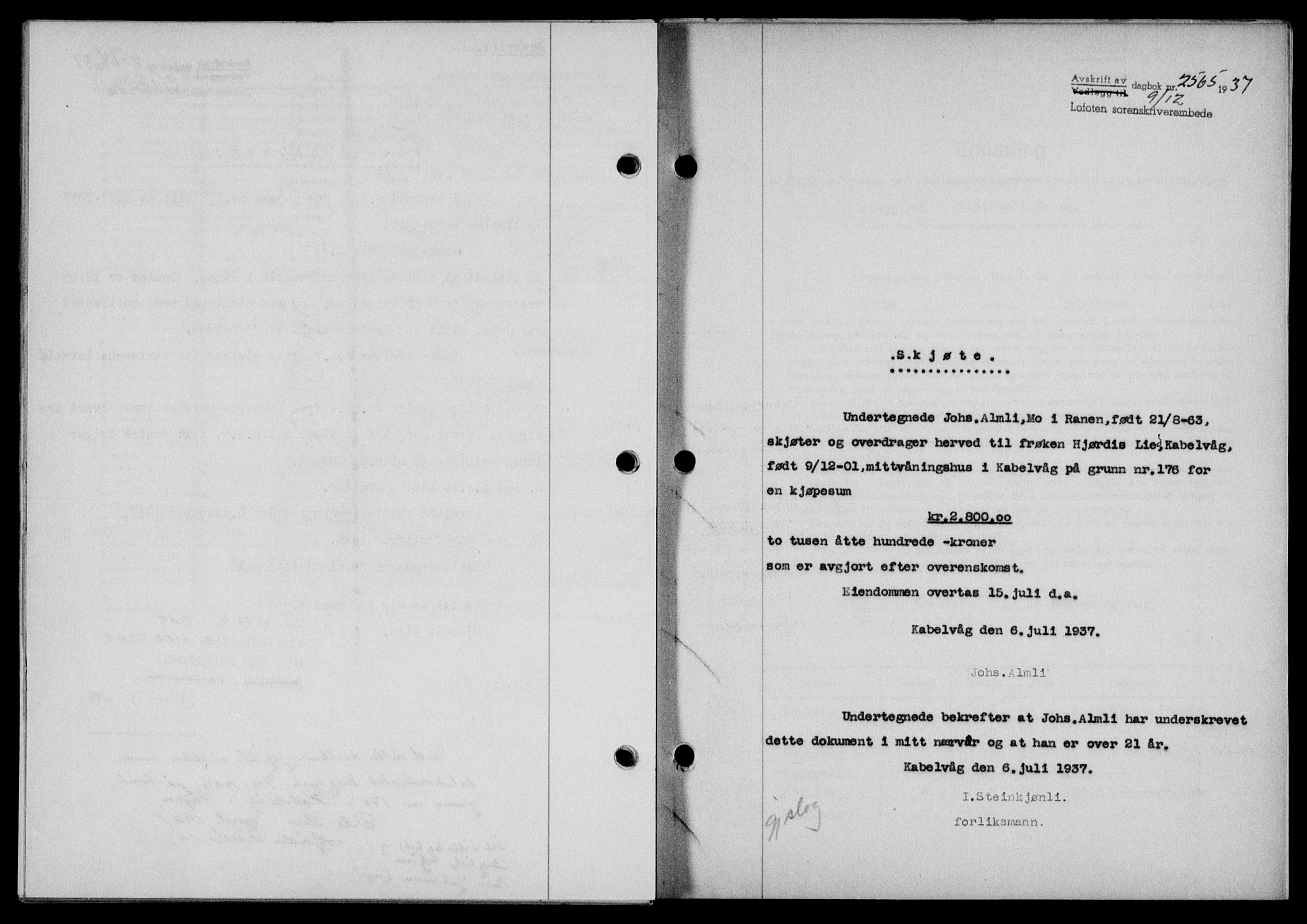 Lofoten sorenskriveri, SAT/A-0017/1/2/2C/L0003a: Mortgage book no. 3a, 1937-1938, Diary no: : 2565/1937
