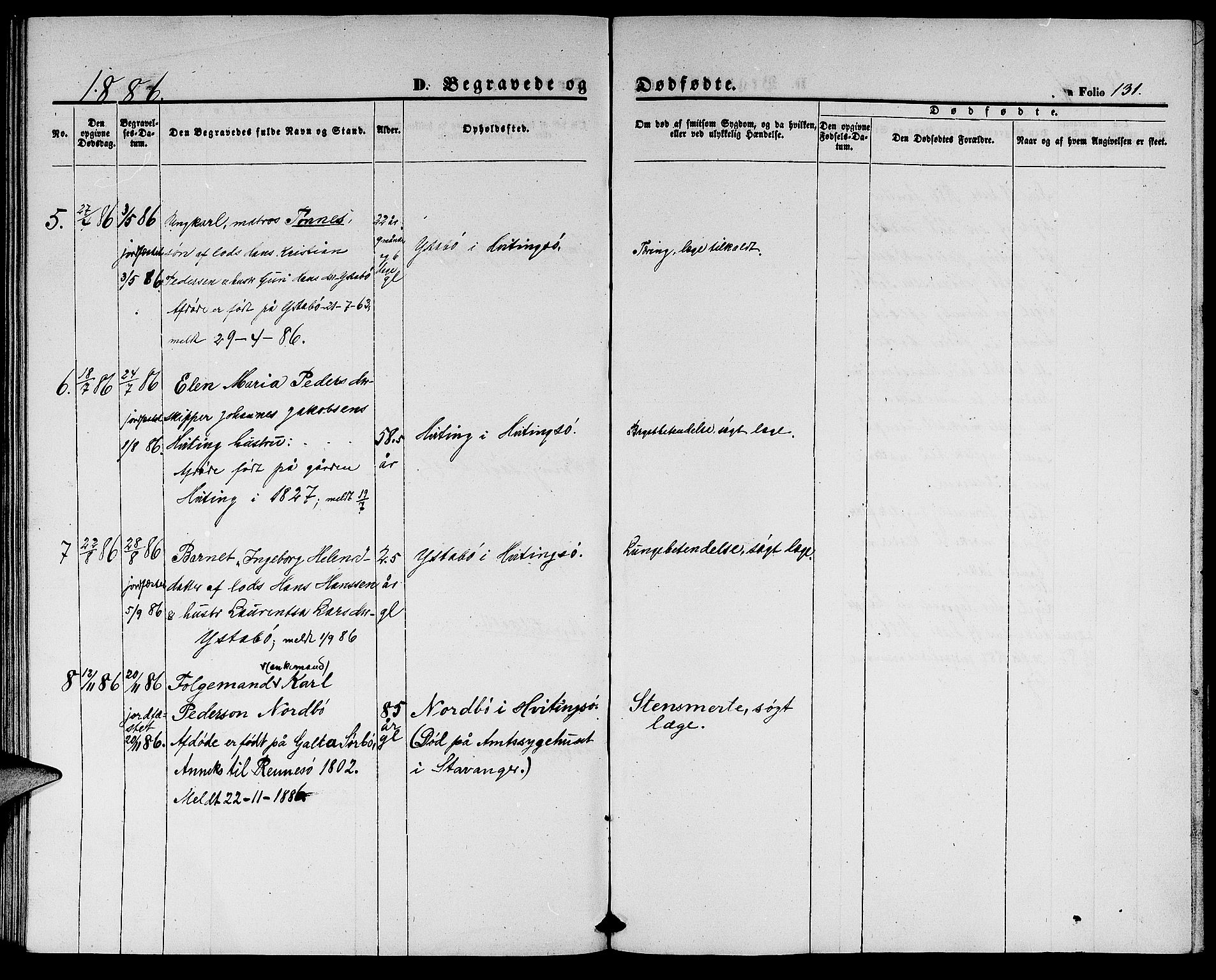 Rennesøy sokneprestkontor, SAST/A -101827/H/Ha/Hab/L0003: Parish register (copy) no. B 3, 1855-1888, p. 131