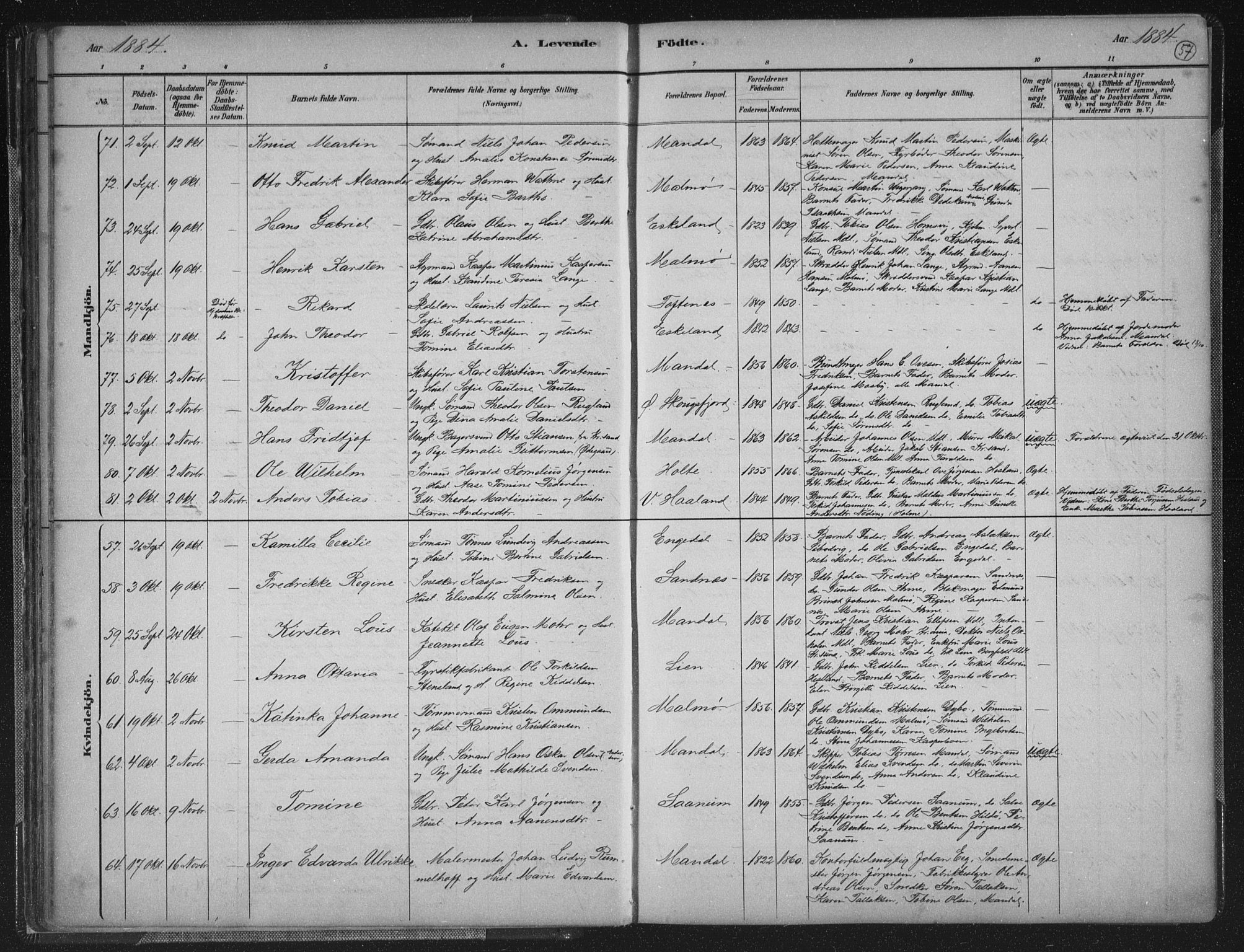 Mandal sokneprestkontor, AV/SAK-1111-0030/F/Fb/Fba/L0011: Parish register (copy) no. B 5, 1880-1898, p. 57