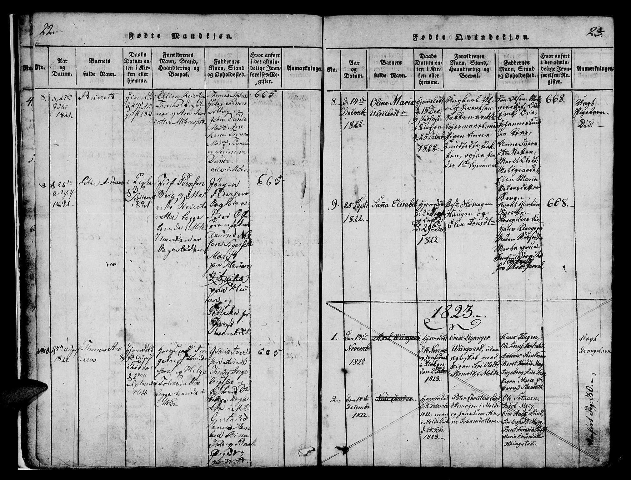 Ministerialprotokoller, klokkerbøker og fødselsregistre - Møre og Romsdal, SAT/A-1454/558/L0700: Parish register (copy) no. 558C01, 1818-1868, p. 22-23