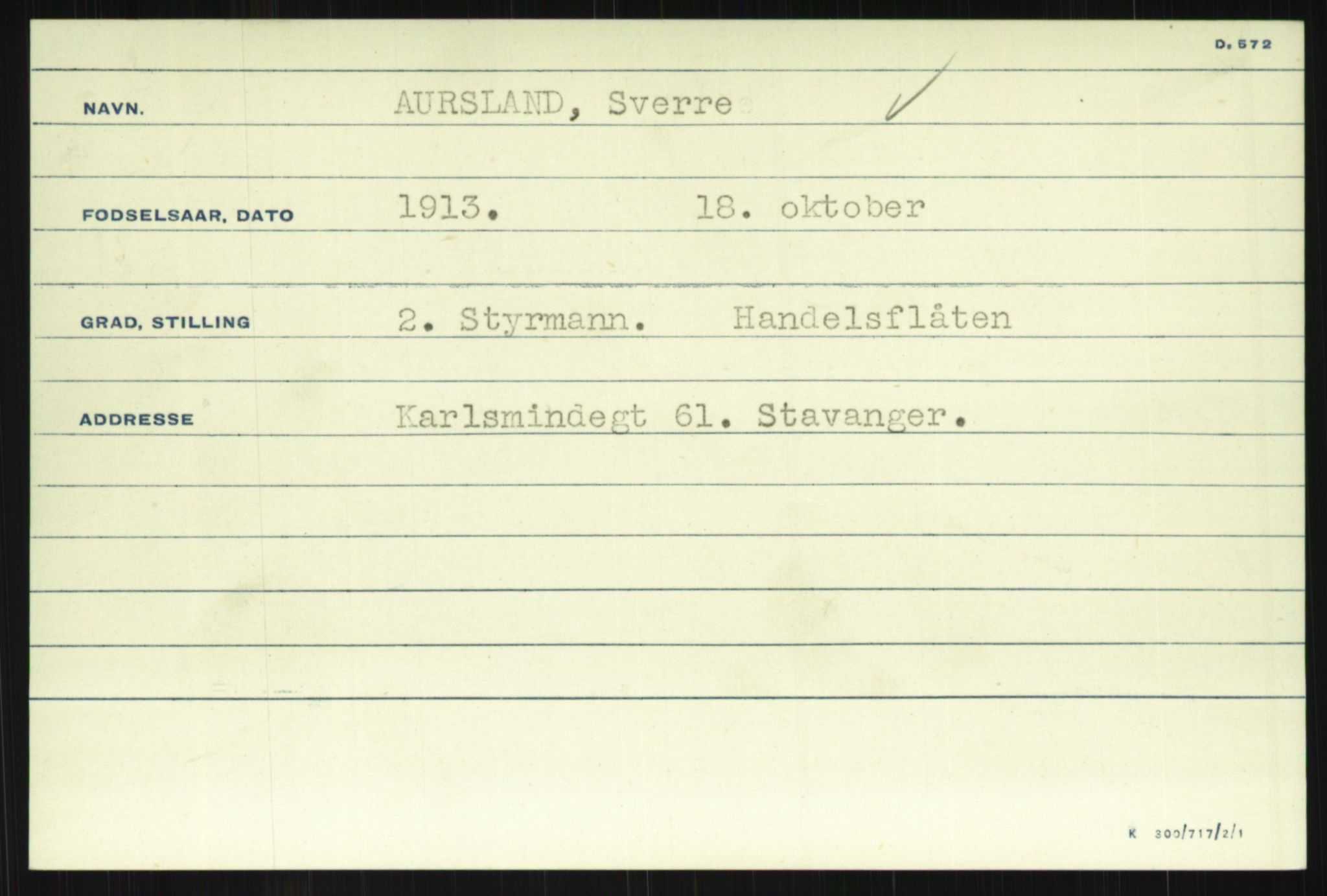 Direktoratet for sjømenn, AV/RA-S-3545/G/Gi/L0004: Kartotek over krigsdekorasjoner tildelt nordmenn under krigen, 1940-1945, p. 733