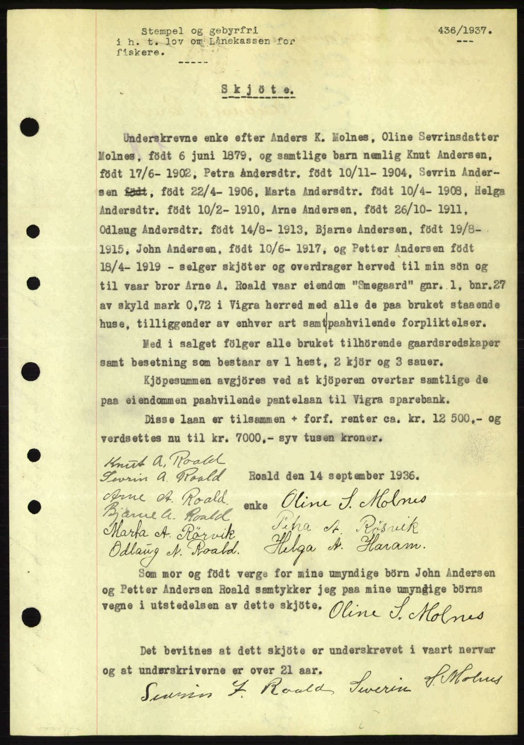 Nordre Sunnmøre sorenskriveri, AV/SAT-A-0006/1/2/2C/2Ca: Mortgage book no. A2, 1936-1937, Diary no: : 436/1937