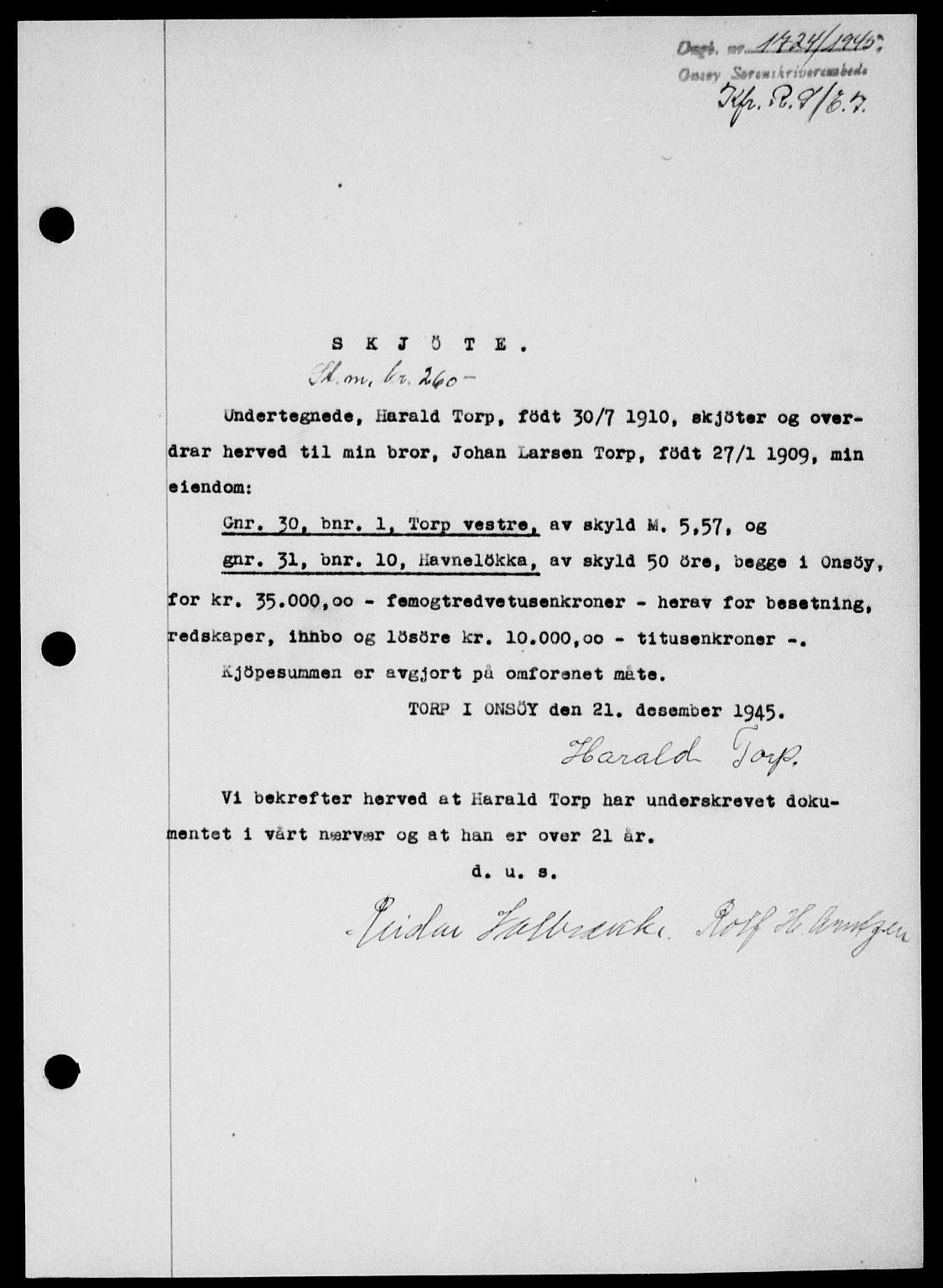 Onsøy sorenskriveri, SAO/A-10474/G/Ga/Gab/L0015: Mortgage book no. II A-15, 1945-1946, Diary no: : 1724/1945