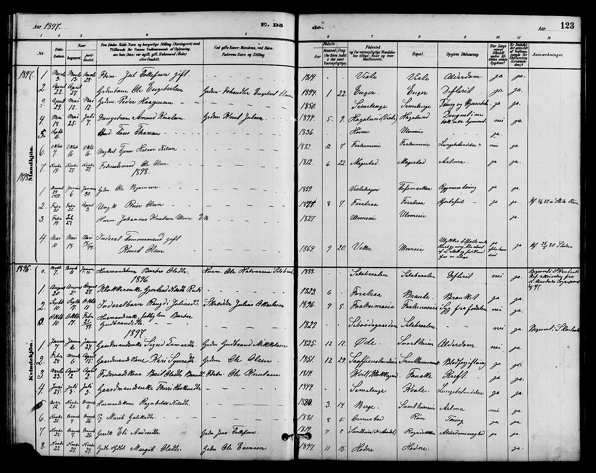 Vestre Slidre prestekontor, SAH/PREST-136/H/Ha/Hab/L0005: Parish register (copy) no. 5, 1881-1913, p. 123