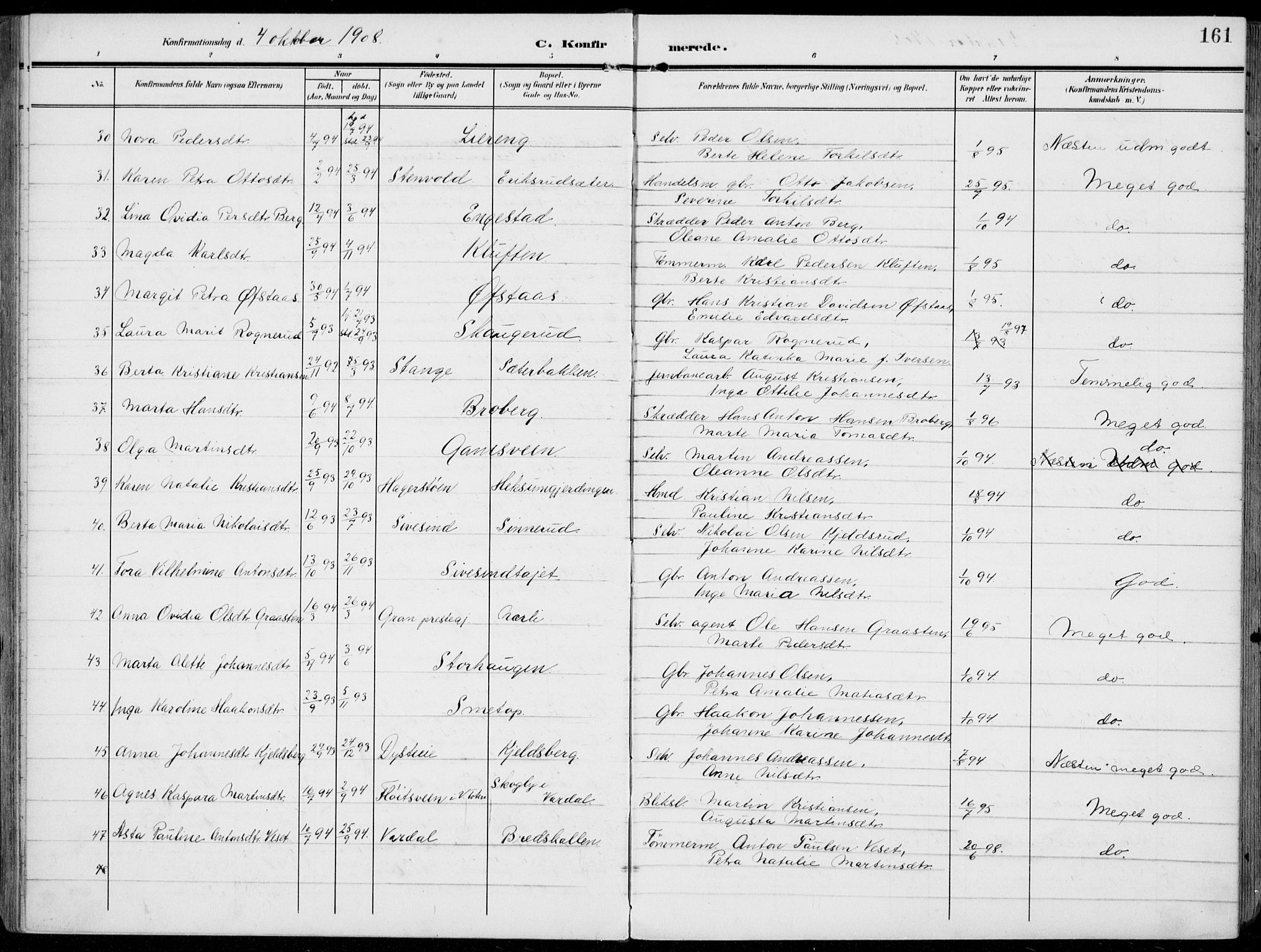 Vestre Toten prestekontor, AV/SAH-PREST-108/H/Ha/Haa/L0014: Parish register (official) no. 14, 1907-1920, p. 161