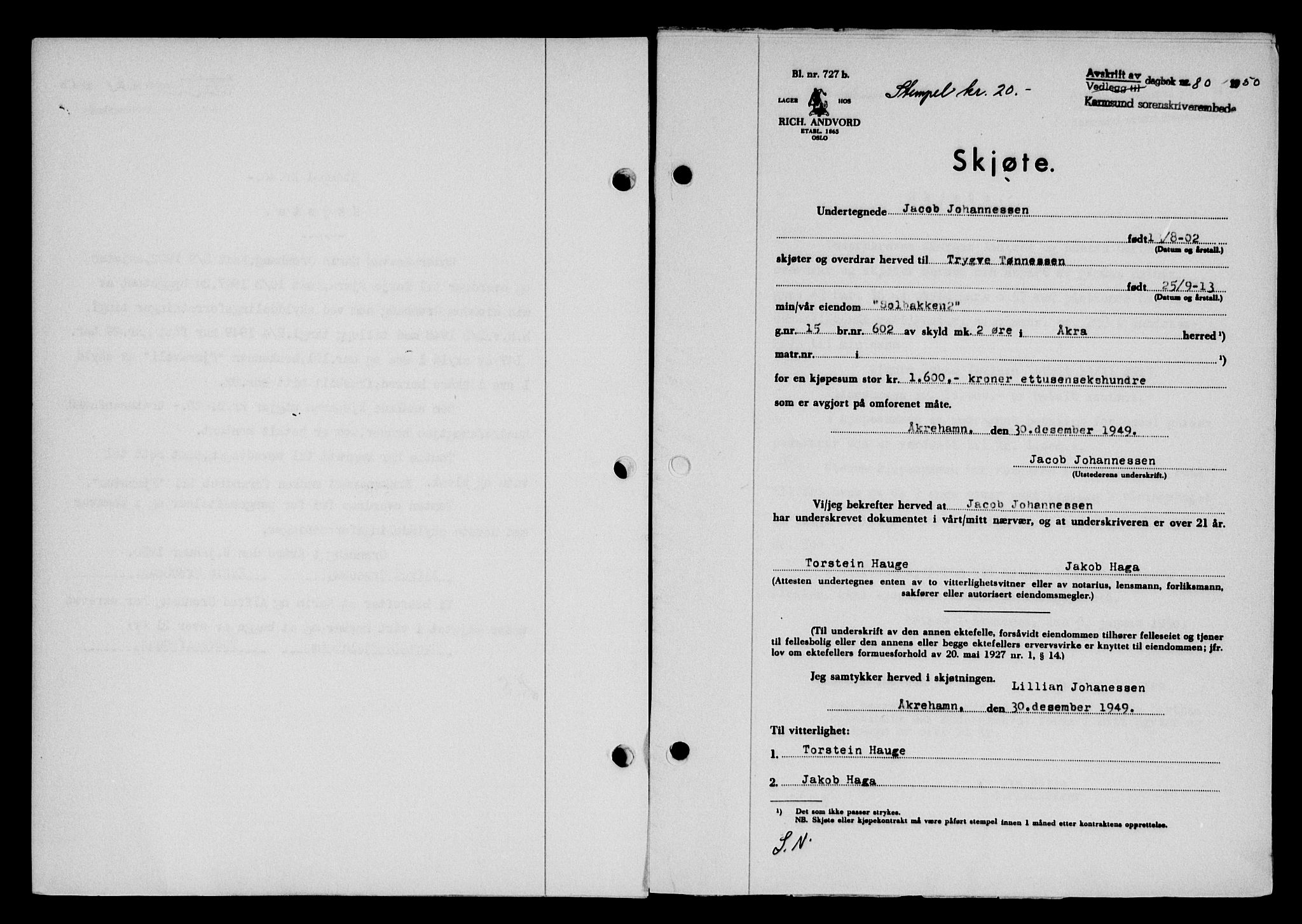 Karmsund sorenskriveri, SAST/A-100311/01/II/IIB/L0098: Mortgage book no. 78A, 1949-1950, Diary no: : 80/1950