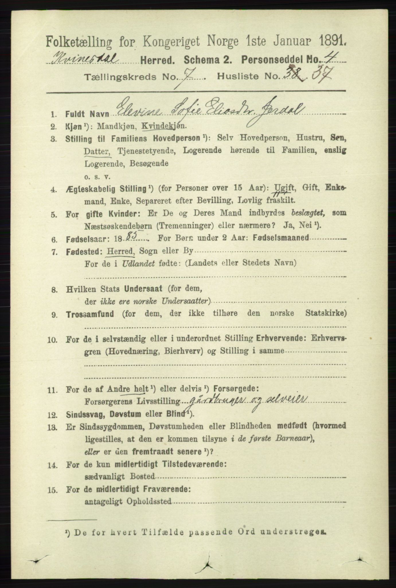 RA, 1891 census for 1037 Kvinesdal, 1891, p. 2647